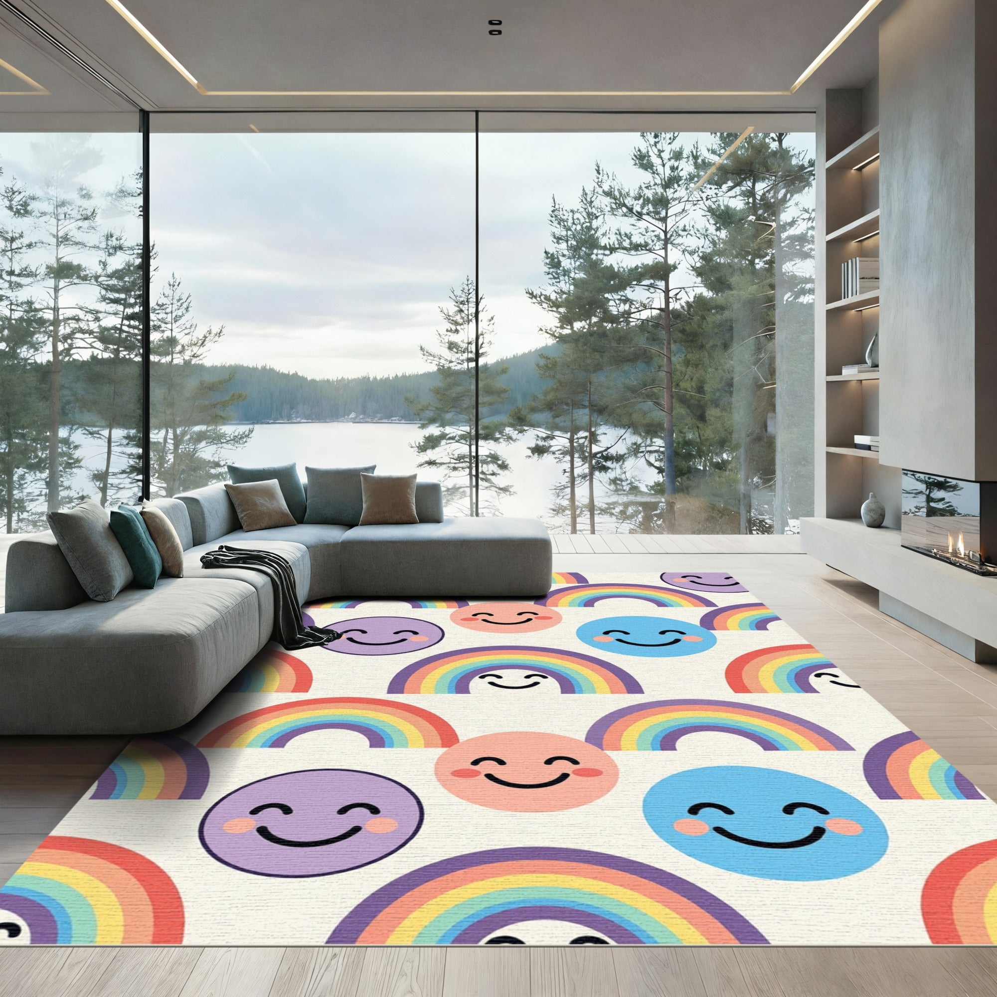 Cheerful Pastel Rainbow and Smiley Face Rug