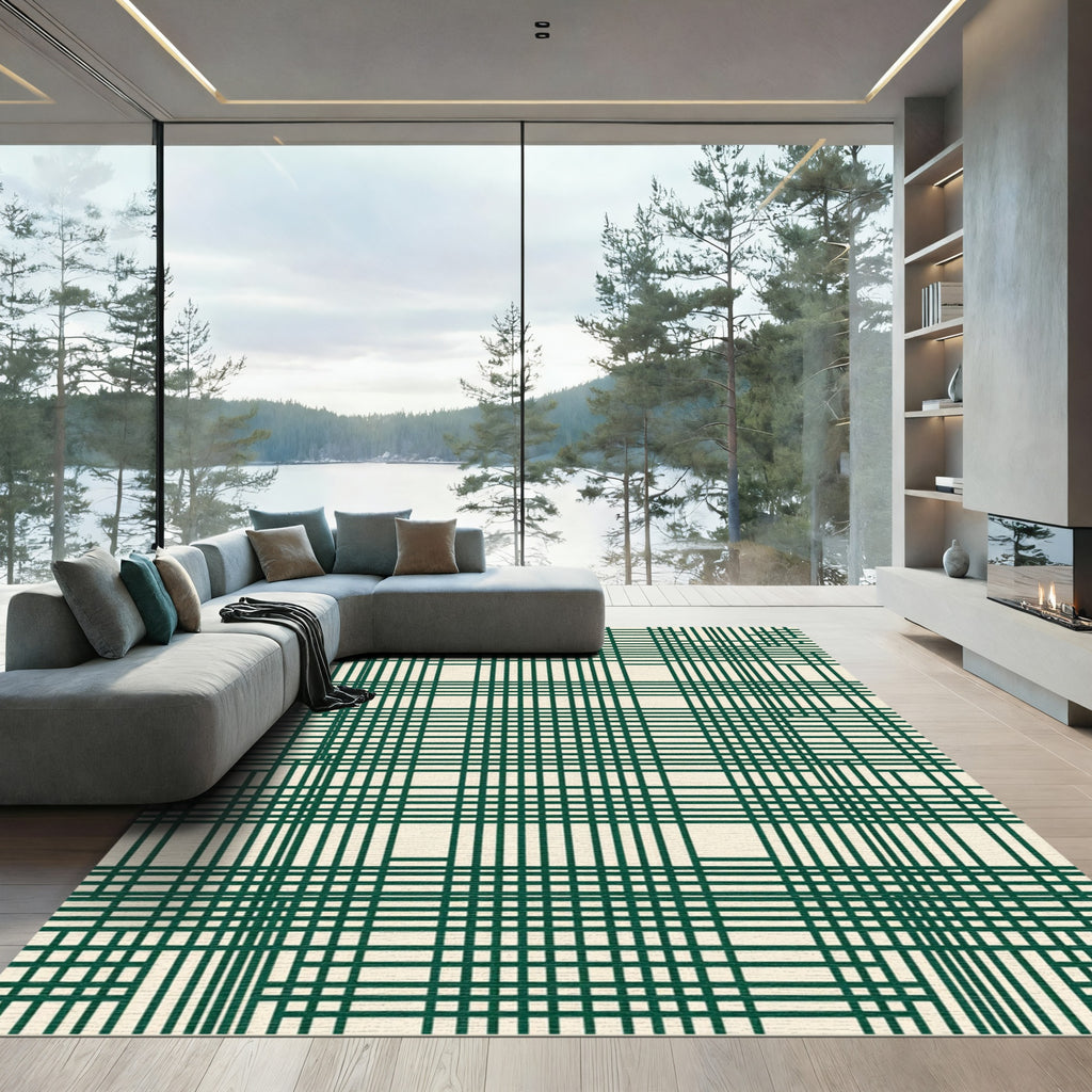 Dark Green White Intersecting Grid Rug
