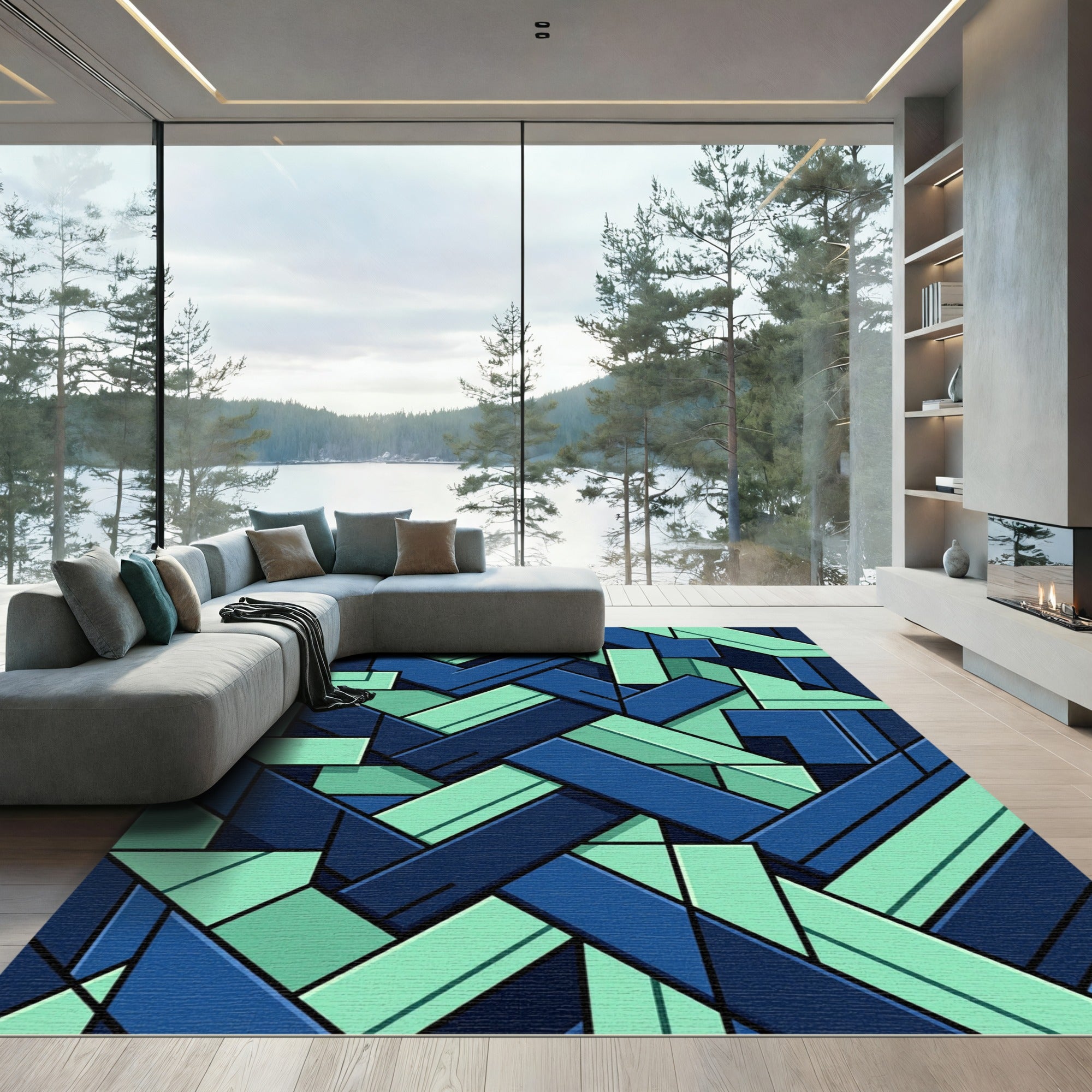 Modern Teal and Navy Geometric Weave Rug
