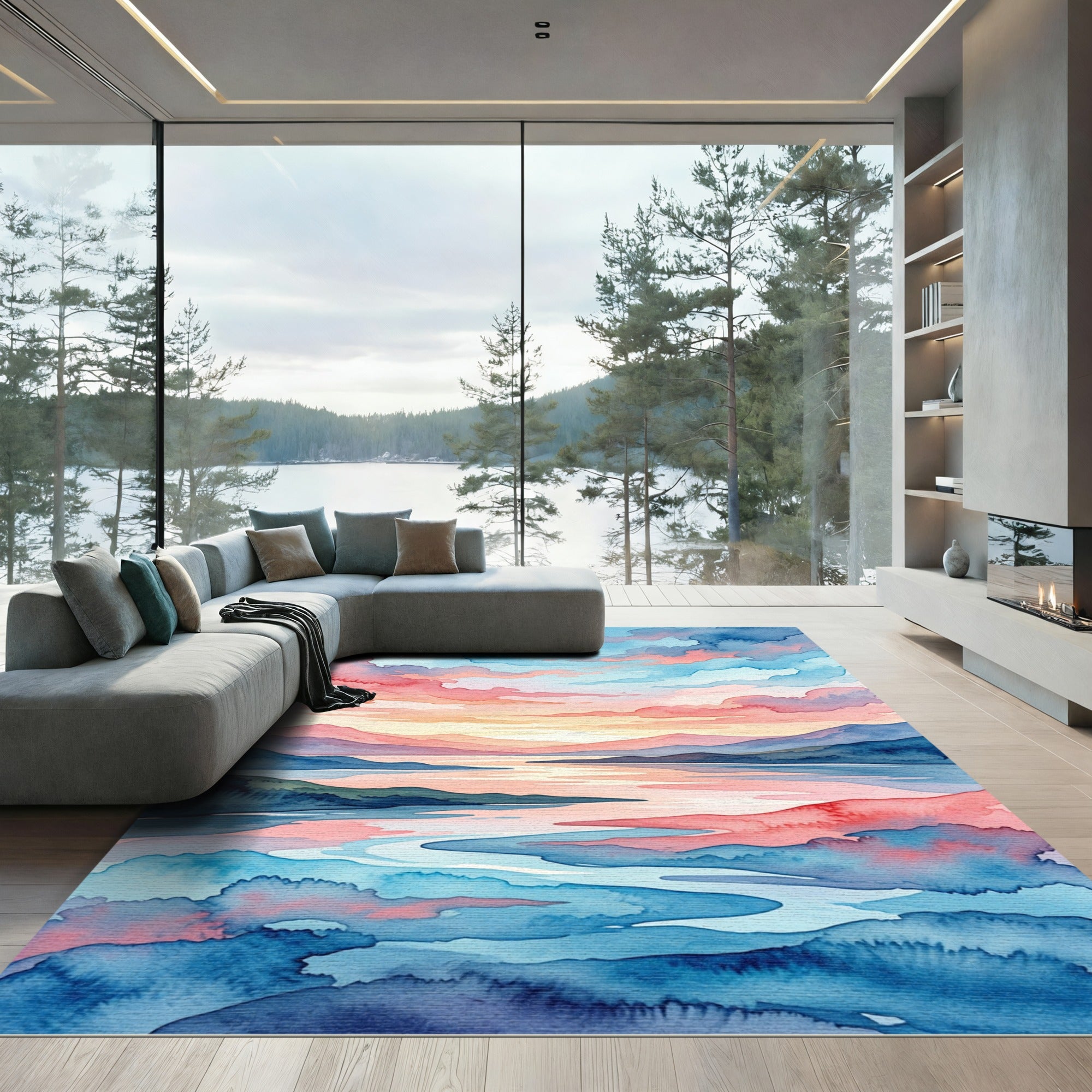 Watercolor Sunset Mountain Landscape Art Rug