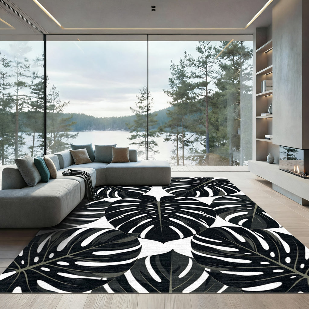 Monstera Leaves Foliage Black and White Rug
