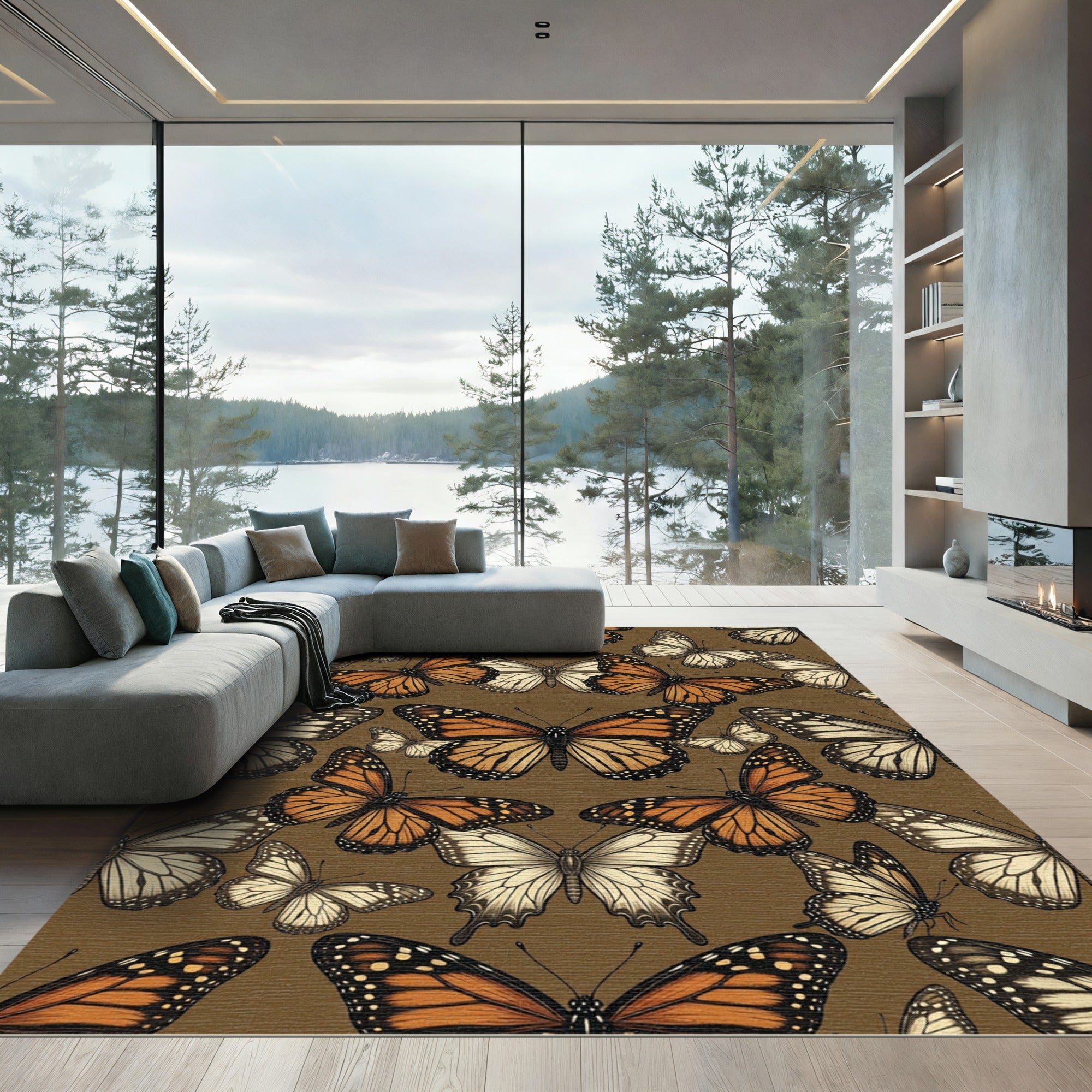 Golden Monarch Butterfly Earthy Floral Rug