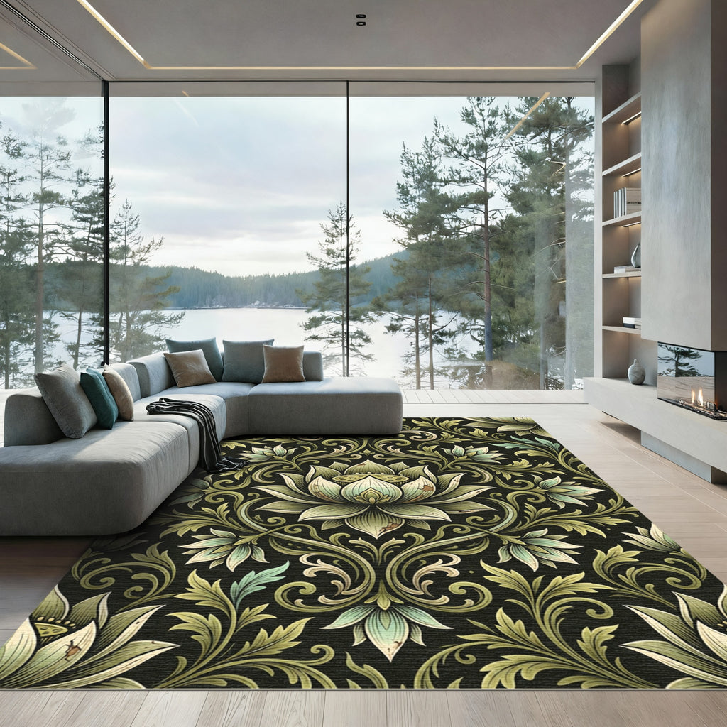 Rich Black Lotus Floral Damask Rug