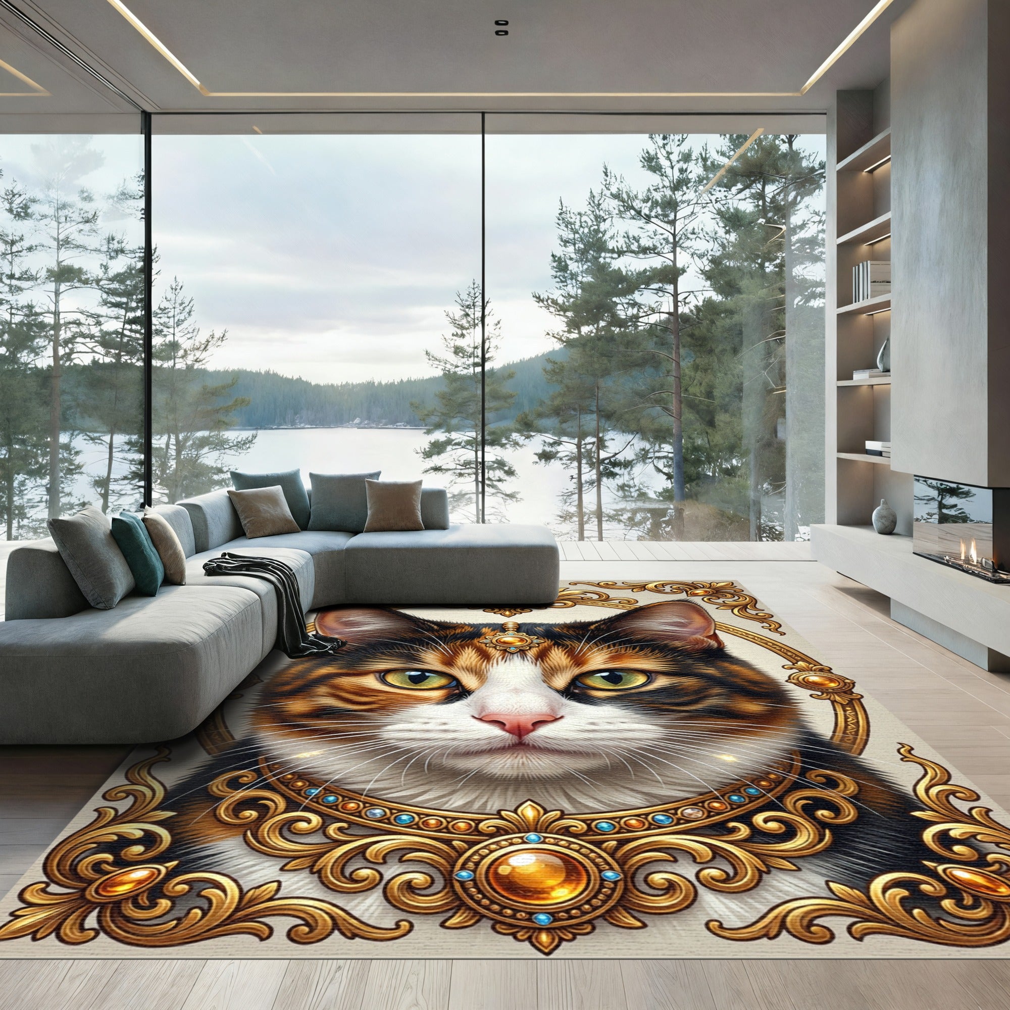 Ornate Golden Cat Portrait Rug
