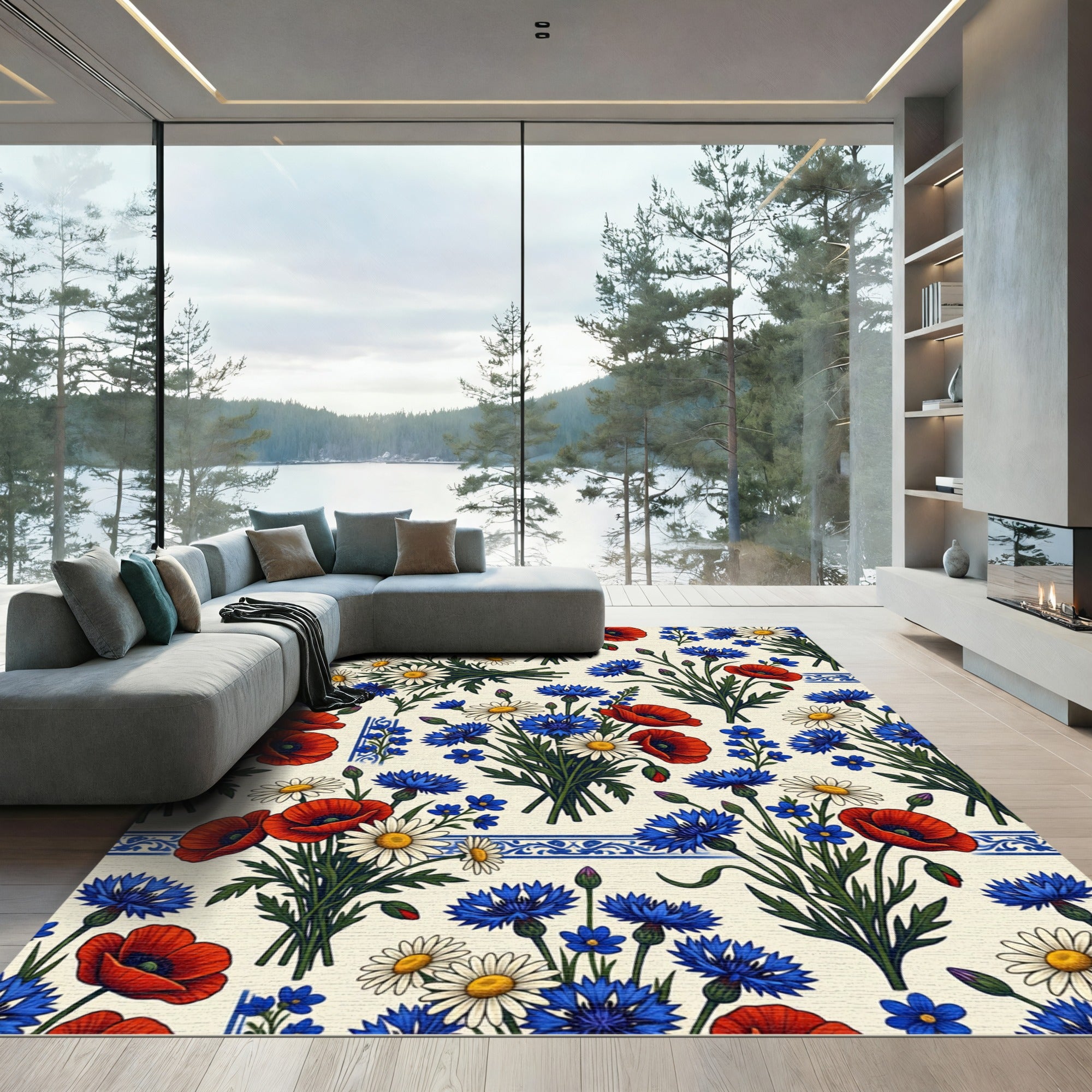 Classic Red Poppy Blue Cornflower Bouquet Rug