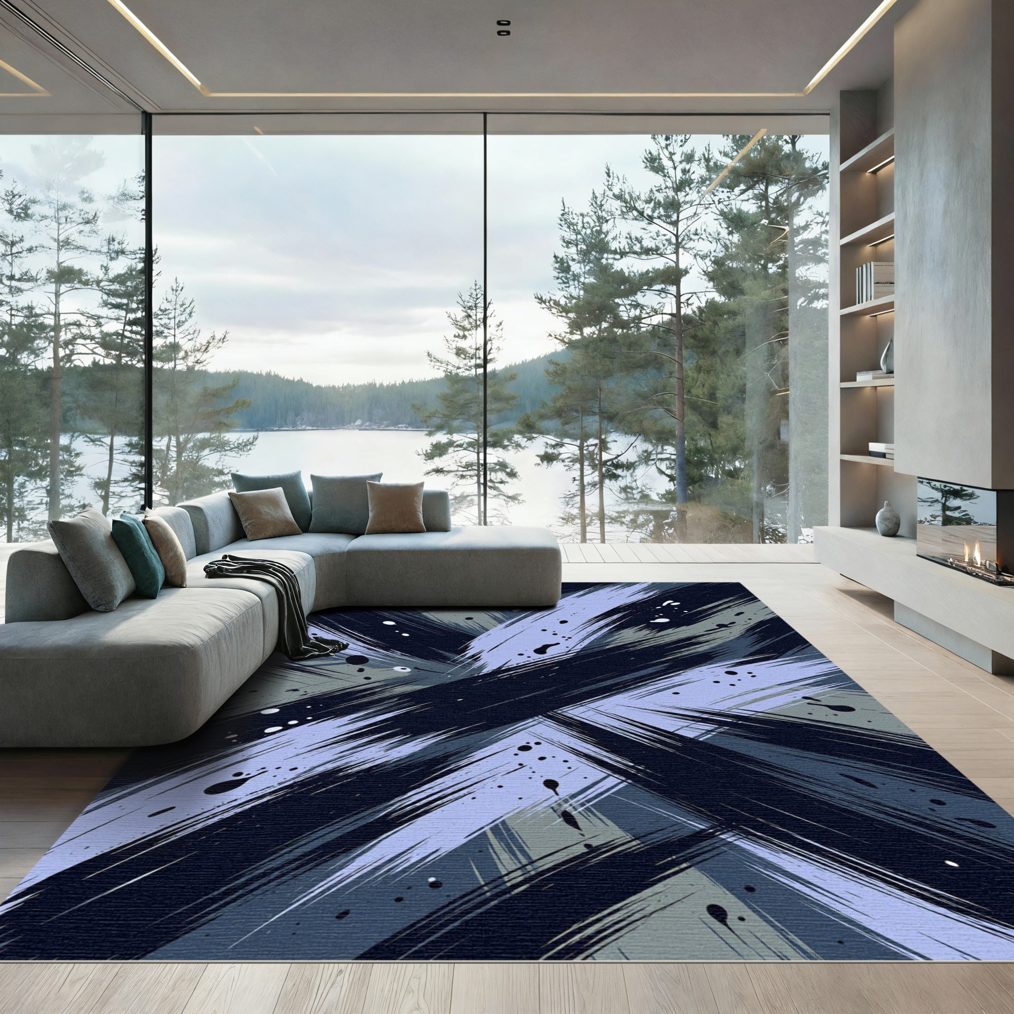 Abstract Blue Gray Brushstroke Splatter Rug