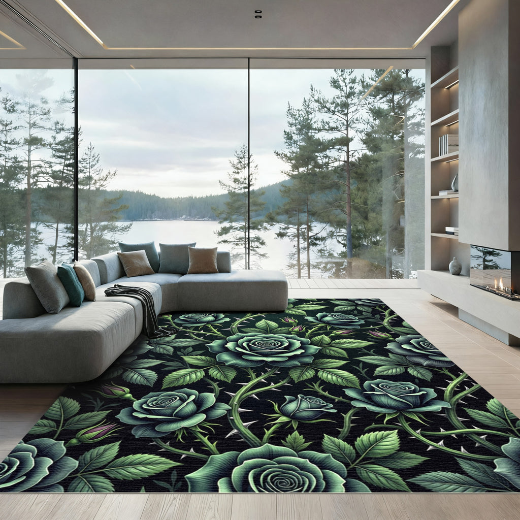 Dark Emerald Gothic Rose Thorn Trellis Rug