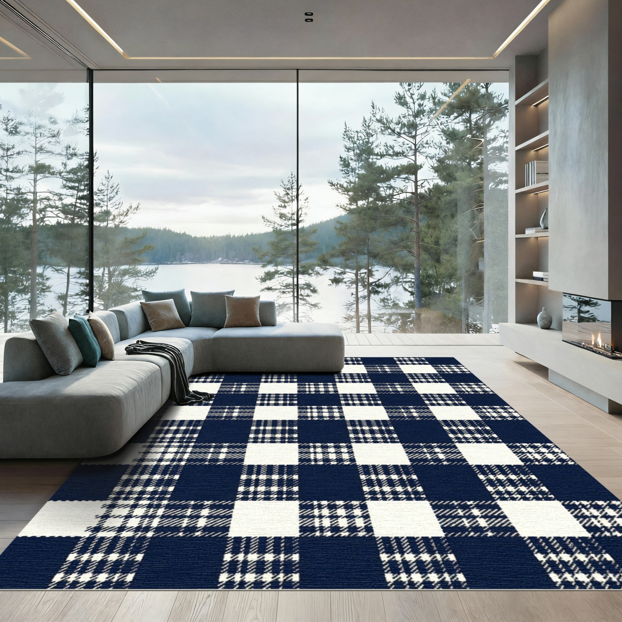 Navy and White Gingham Checkered Rug
