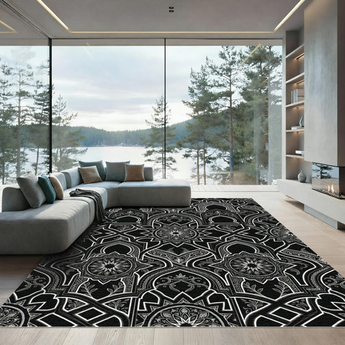 Black White Medallion Archway Pattern Rug
