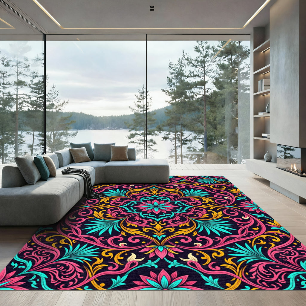 Pink Teal Gold Floral Swirl Rug