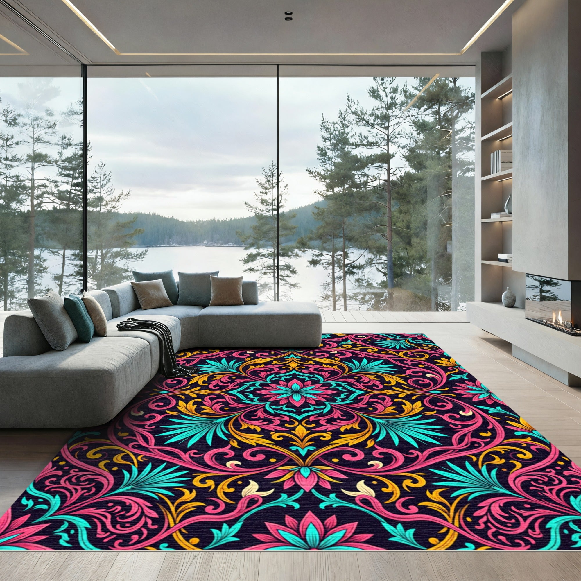 Pink Teal Gold Floral Swirl Rug