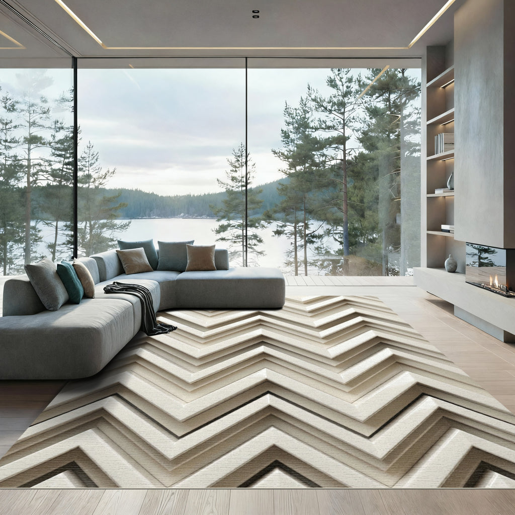 Cream Zigzag Layered Geometric Rug