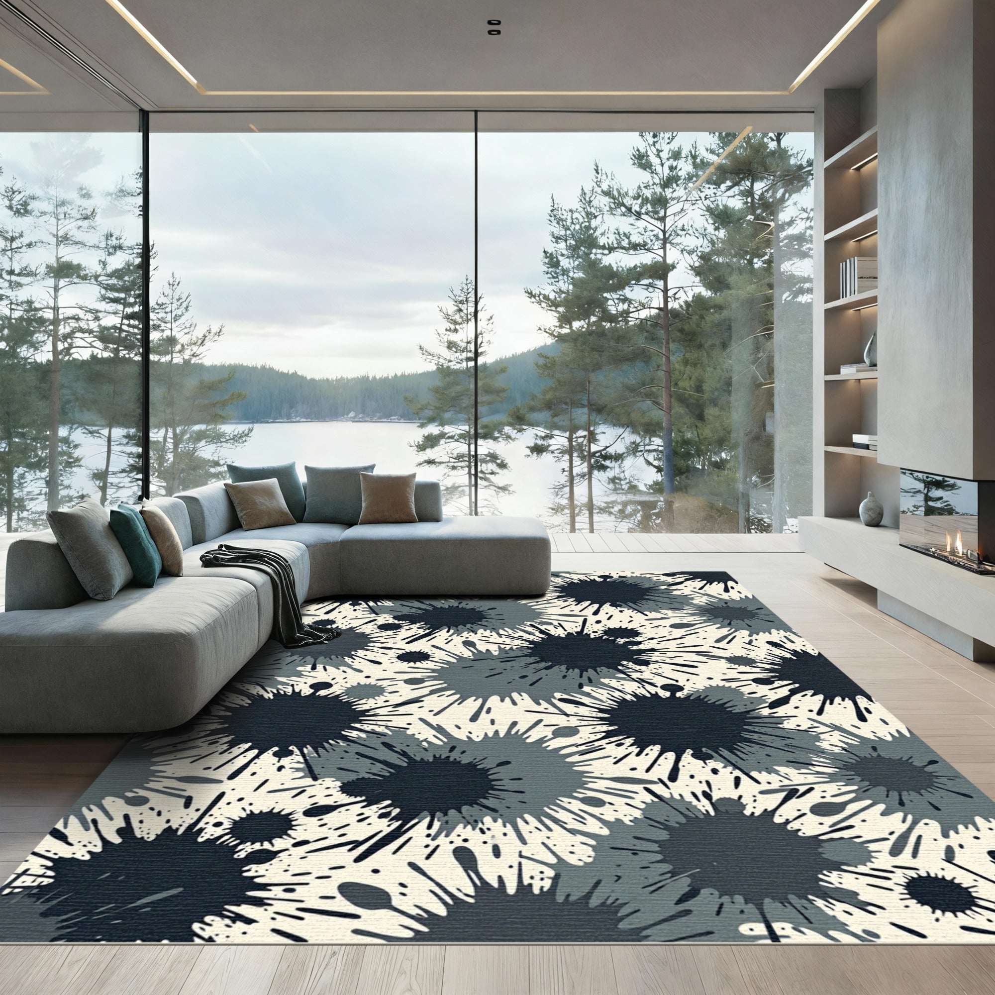 Monochromatic Ink Splatter Abstract Art Rug