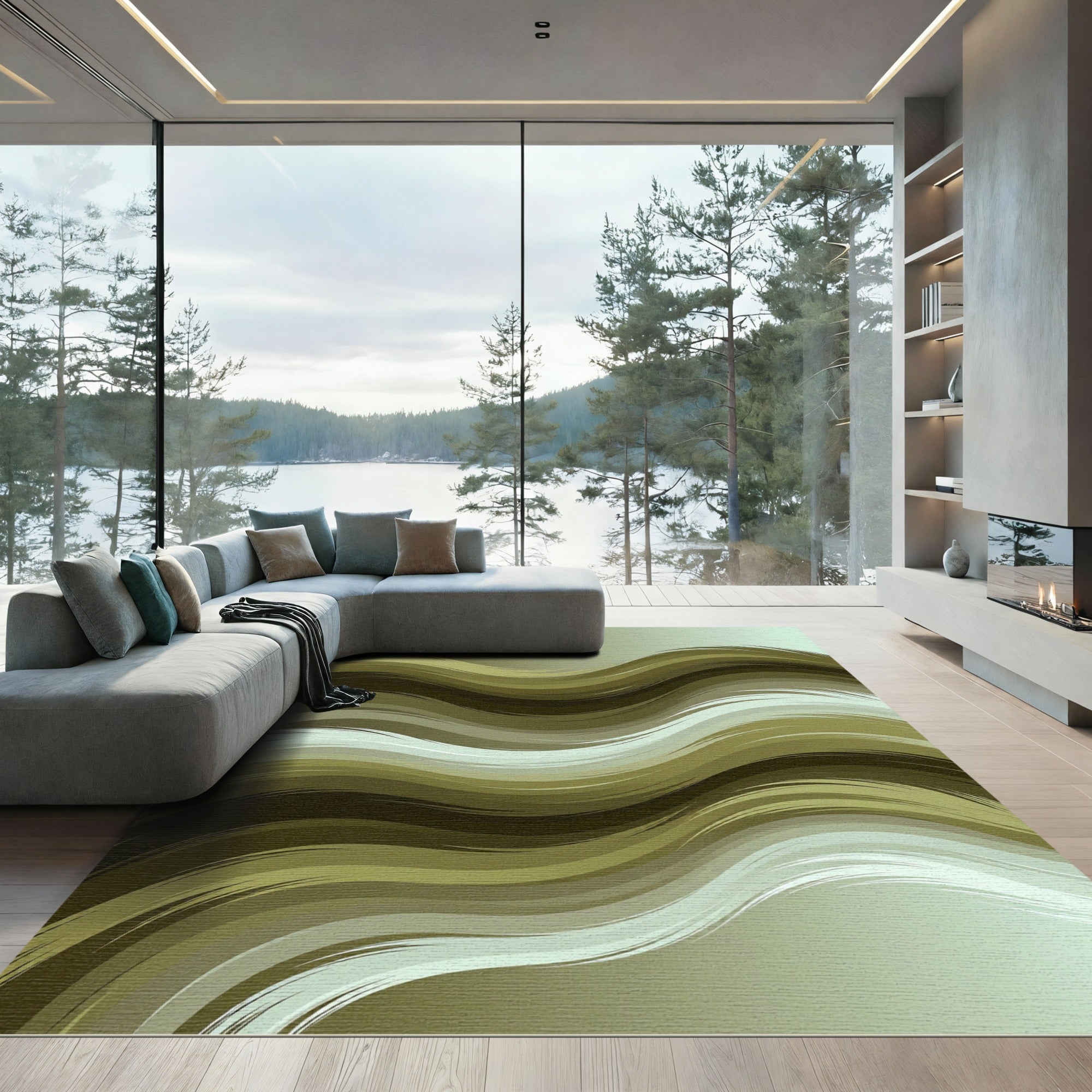 Modern Olive Green Abstract Wavy Rug