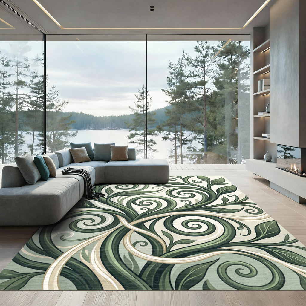 Green Swirling Vine Leaf Artwork Rug
