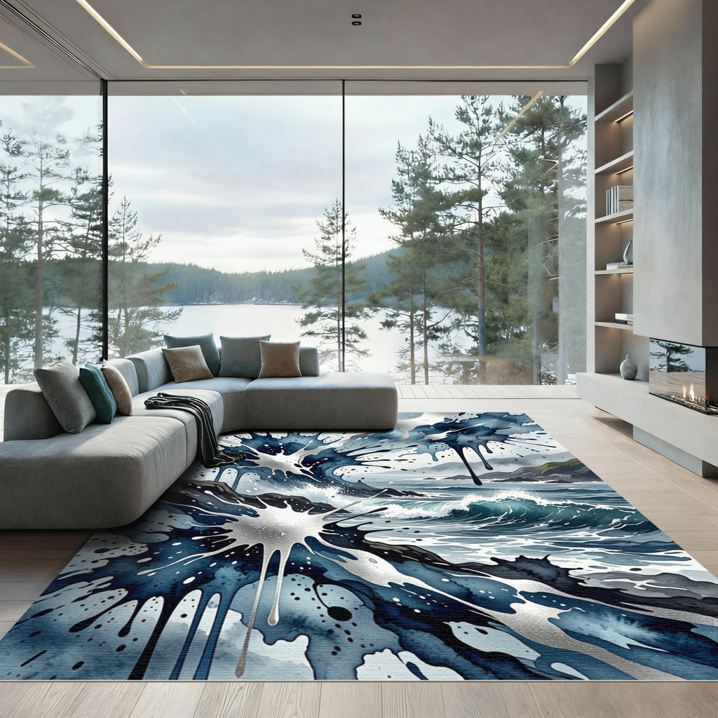 Dynamic Blue Ocean Splash Watercolor Rug