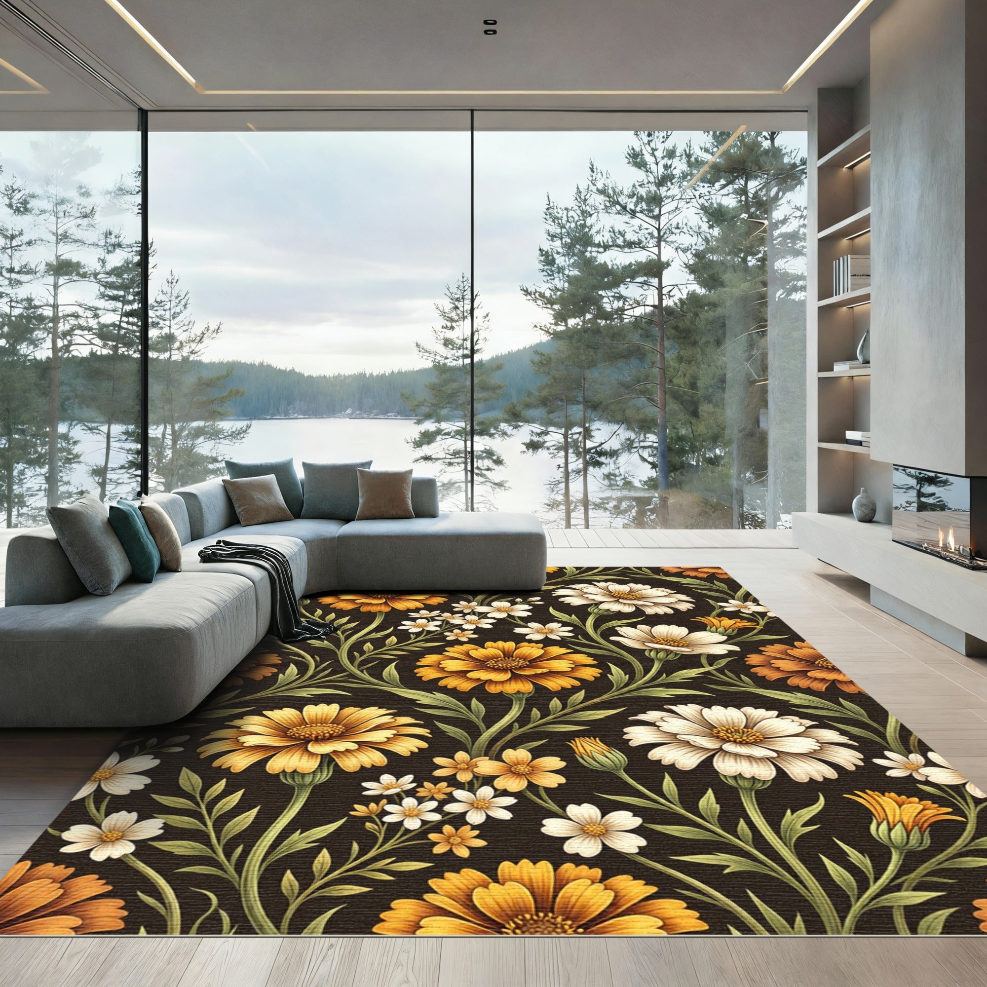 Golden Marigold Floral Botanical Dark Backdrop Rug