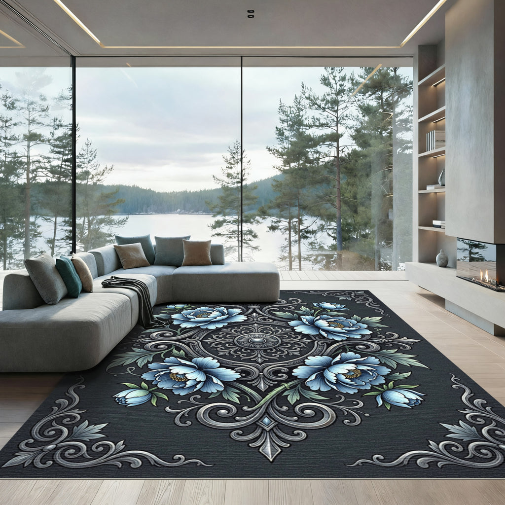 Elegant Azure Floral Damask Medallion Rug