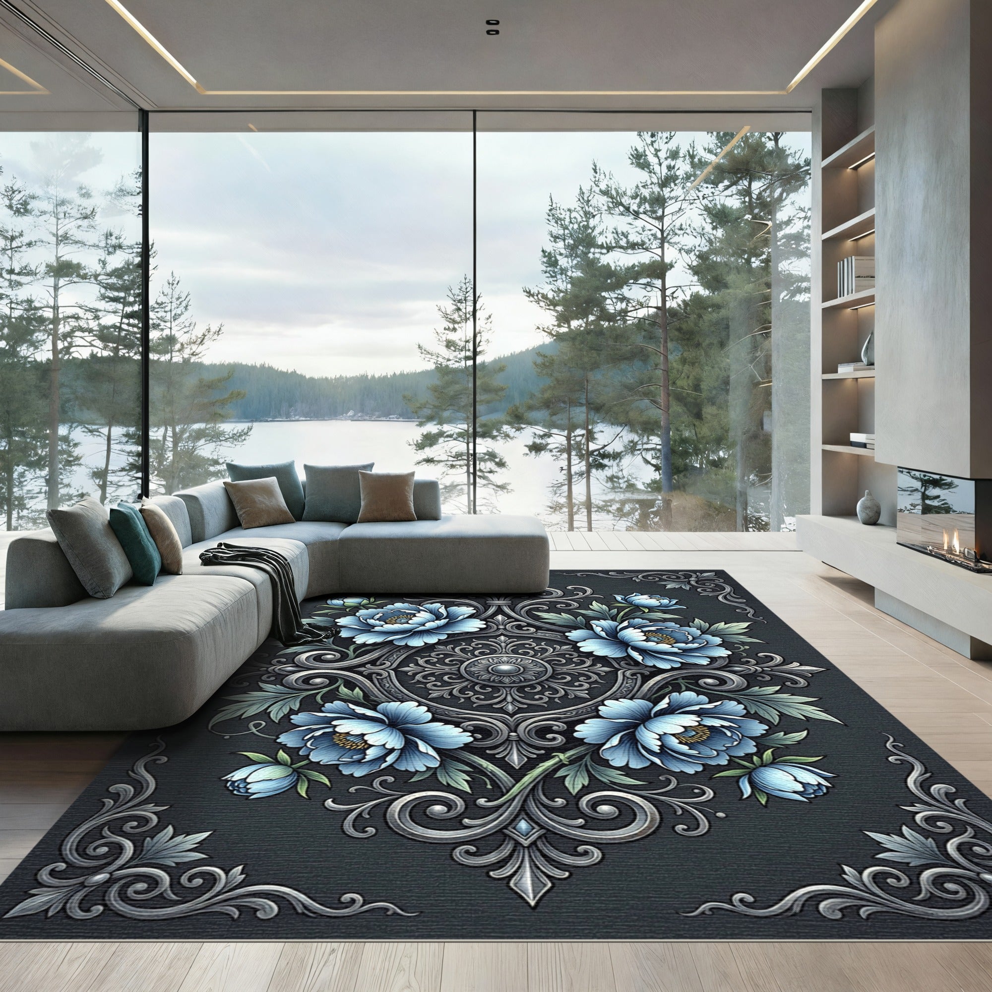 Elegant Azure Floral Damask Medallion Rug