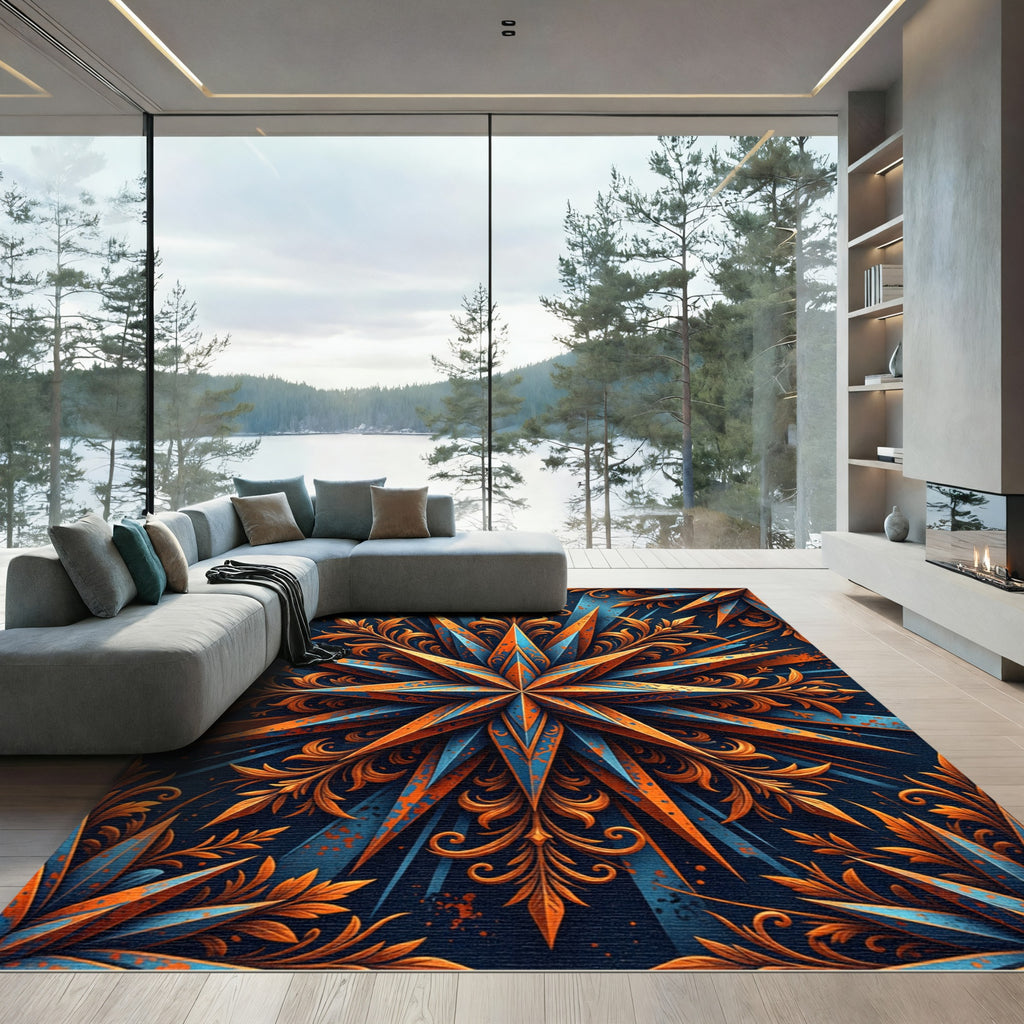 Deep Blue Orange Starburst Foliage Rug