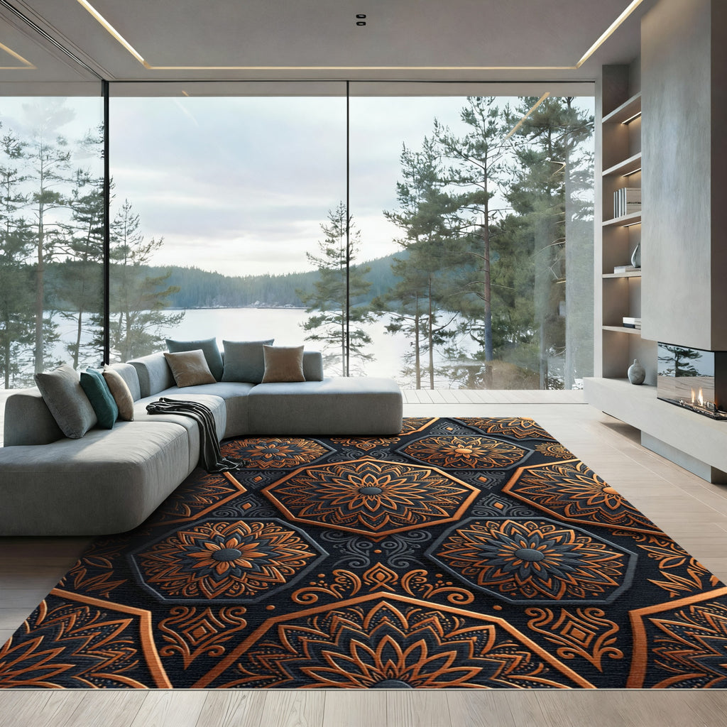 Dark Orange Hexagonal Medallion Inlay Rug