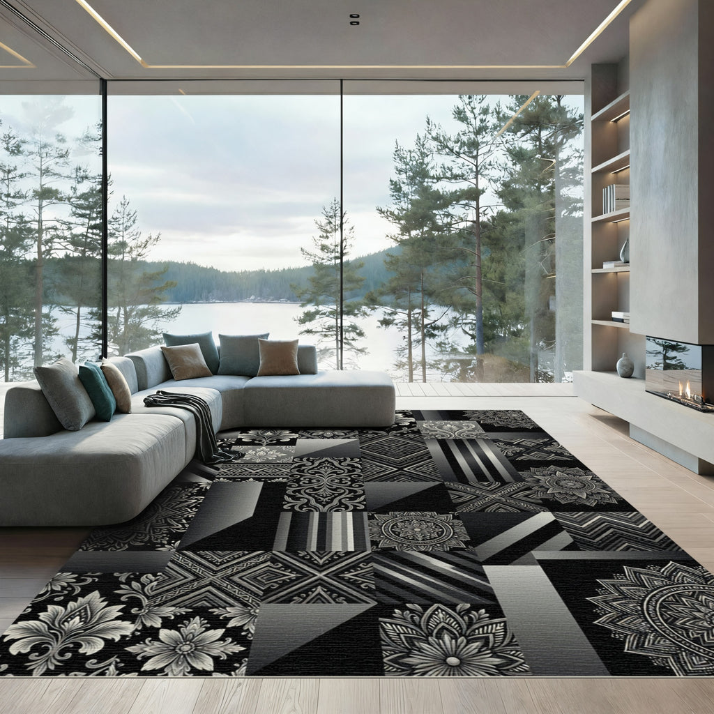 Monochromatic Patchwork Mandala Damask Rug