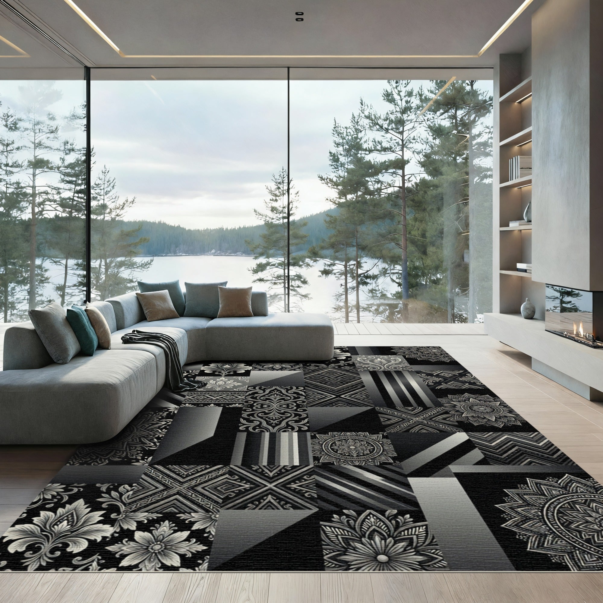 Monochromatic Patchwork Mandala Damask Rug