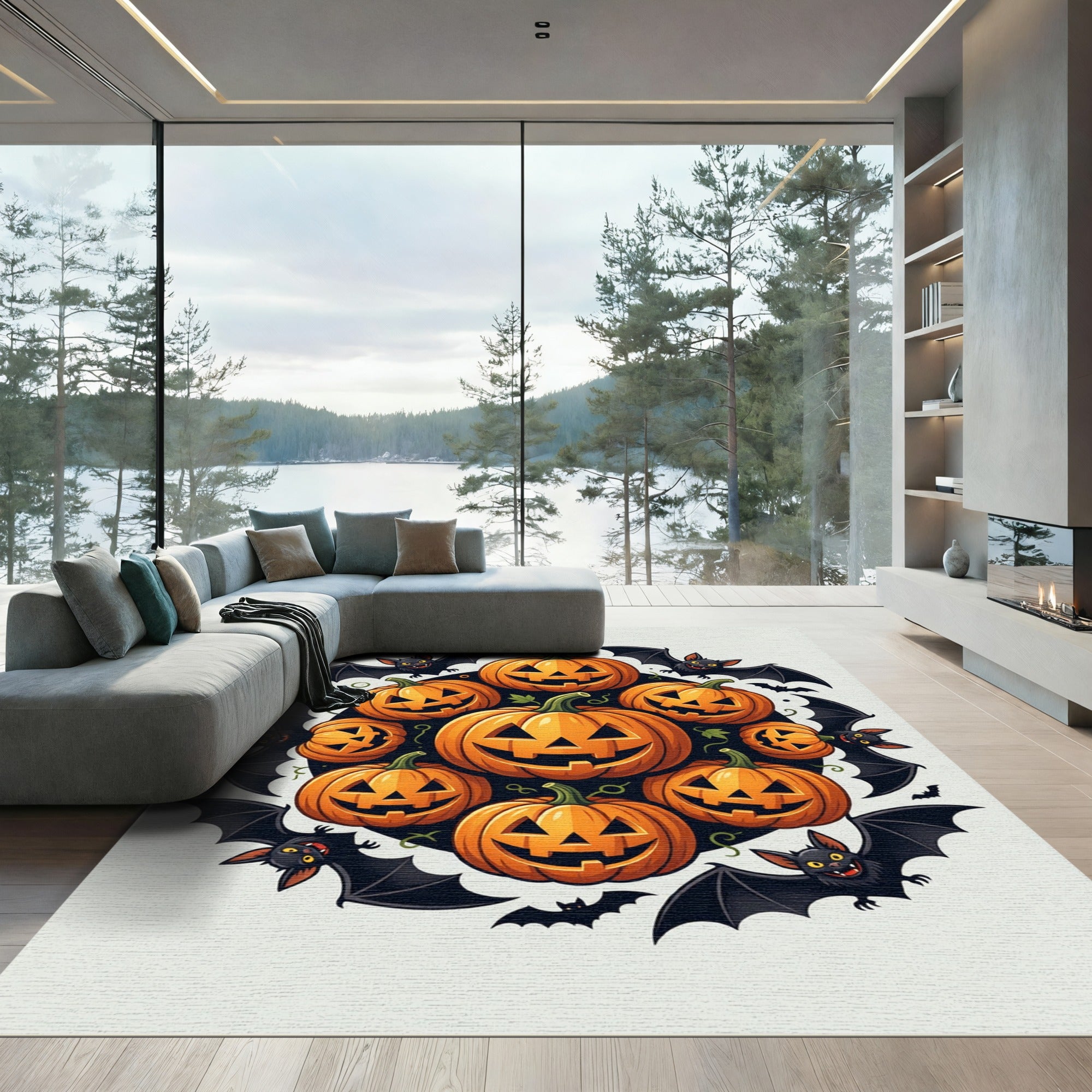 Spooky Pumpkin and Bat Halloween Medallion Rug
