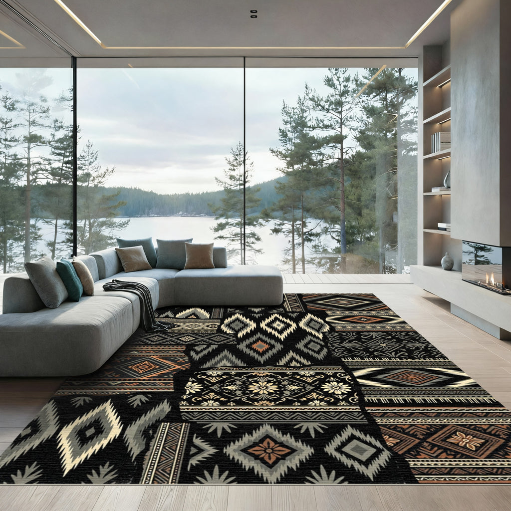 Geometric Tribal Patchwork Black Tan Rug