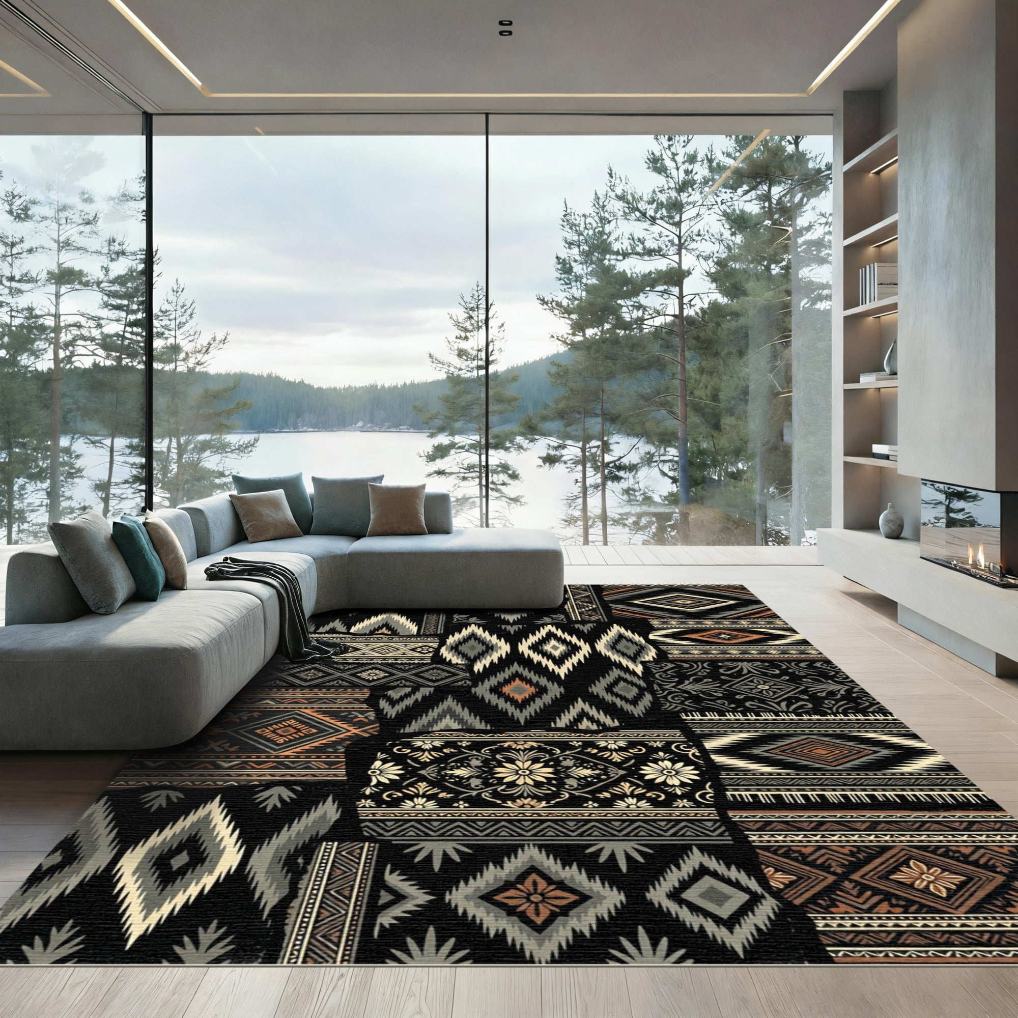 Geometric Tribal Patchwork Black Tan Rug