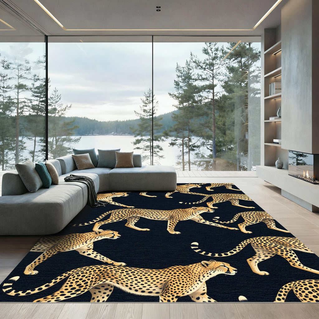 Golden Cheetah Spots Black Background Rug