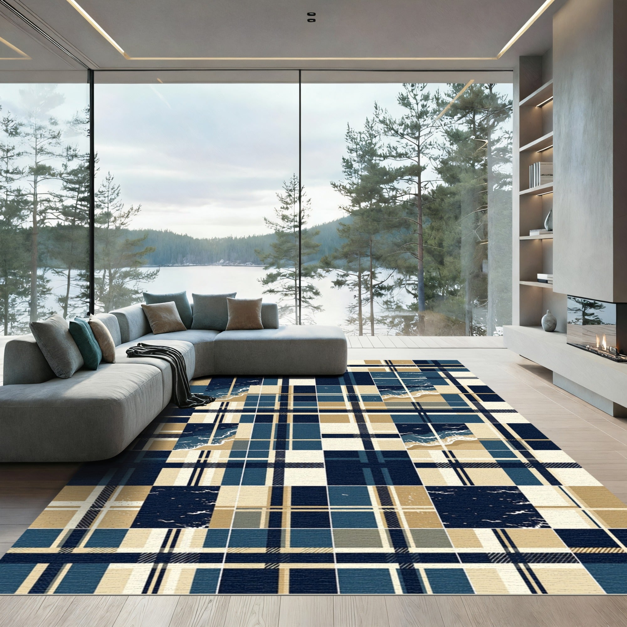 Coastal Navy Blue Plaid Ocean Shore Rug