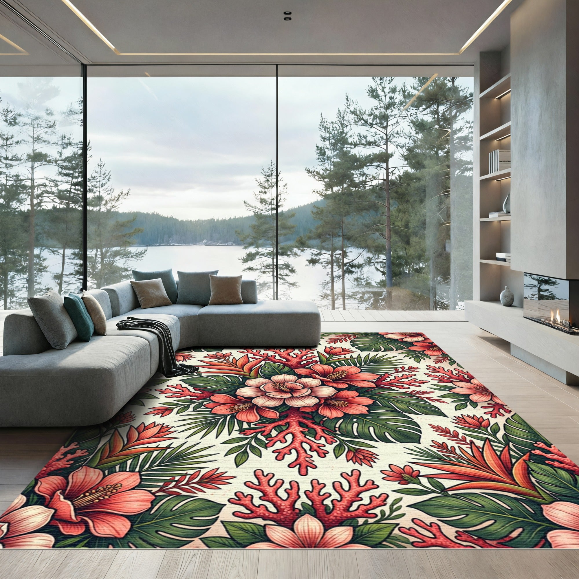 Tropical Coral Reef Botanical Flower Rug