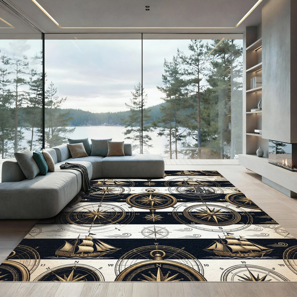 Nautical Compass and Vintage Ship Stripe Rug