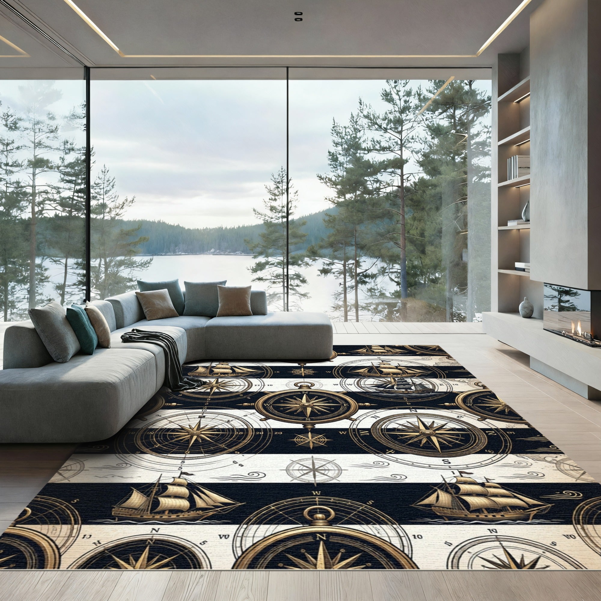 Nautical Compass and Vintage Ship Stripe Rug