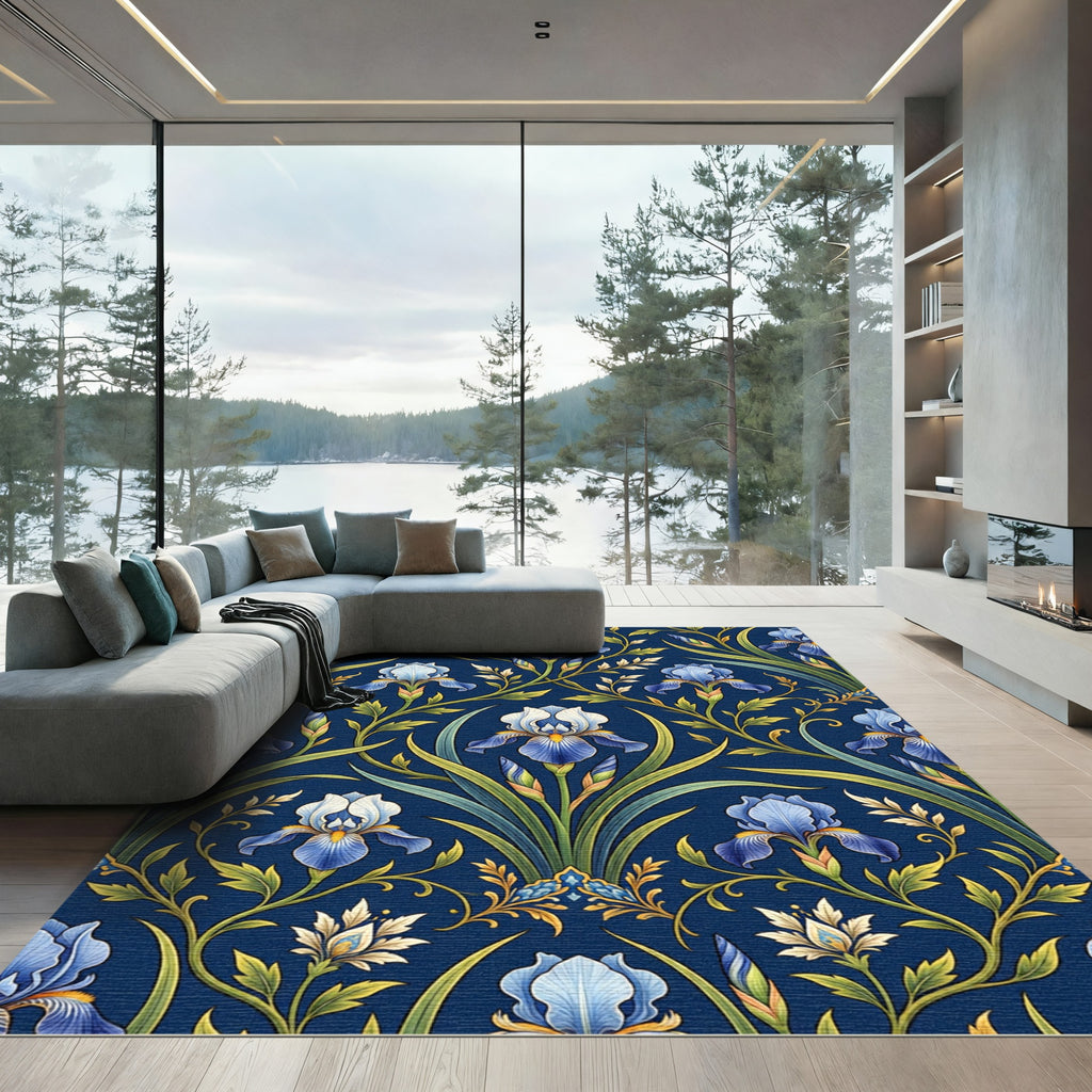 Vibrant Blue Iris Floral Garden Rug