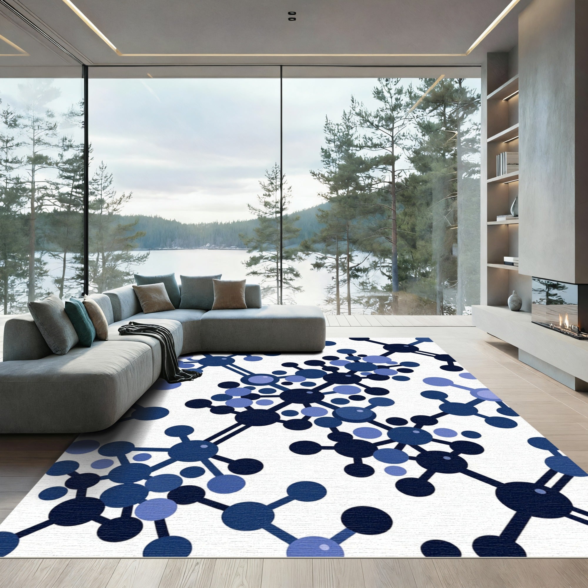 Navy Blue Atomic Structure Pattern Rug