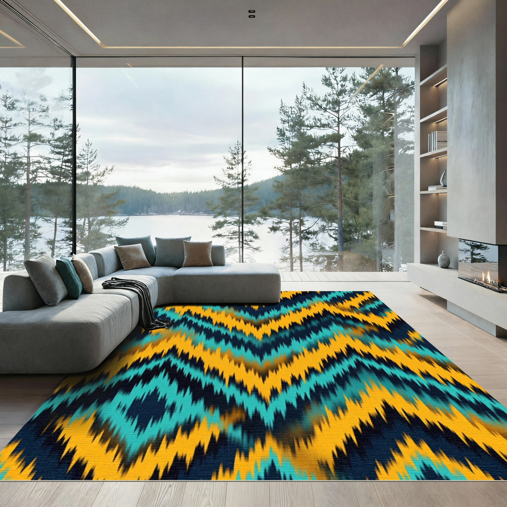 Bold Teal Yellow Ikat Chevron Rug