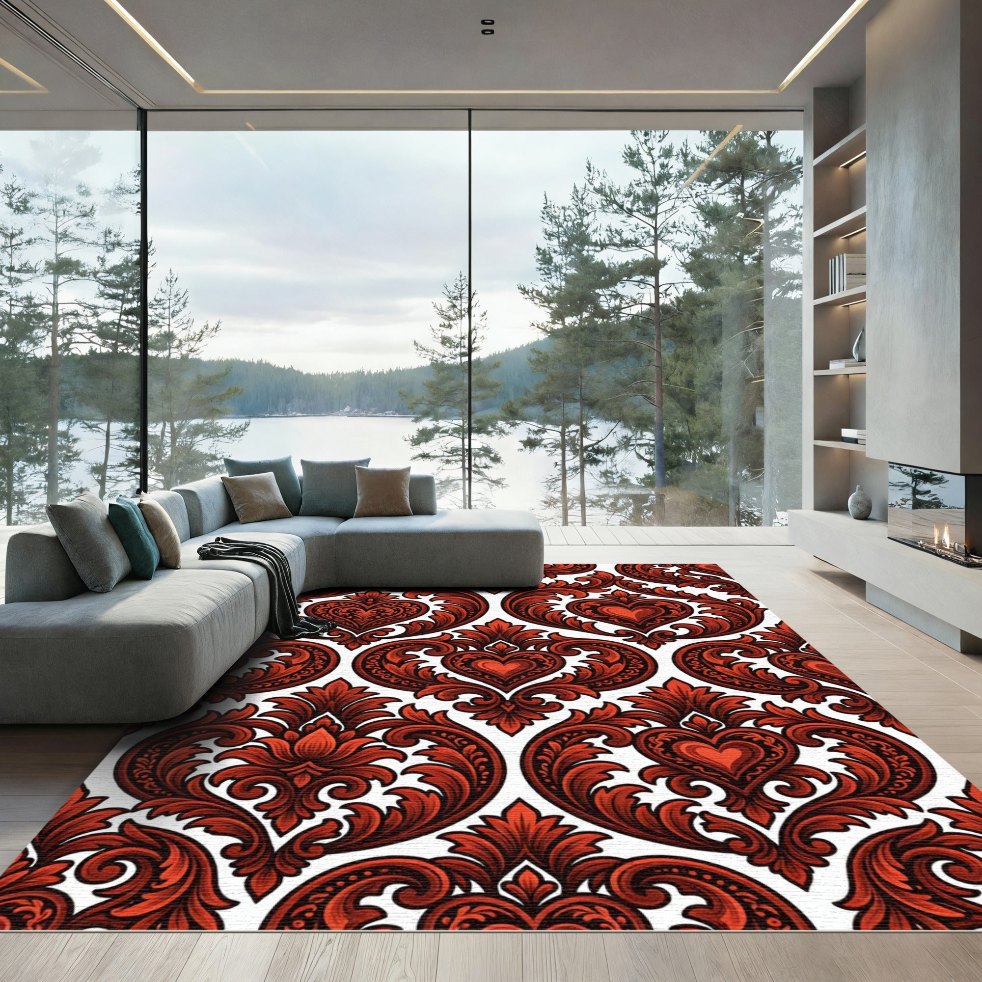 Ornate Crimson Heart Damask Rug