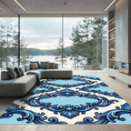 Ornate Blue Scallop Scroll Frame Rug