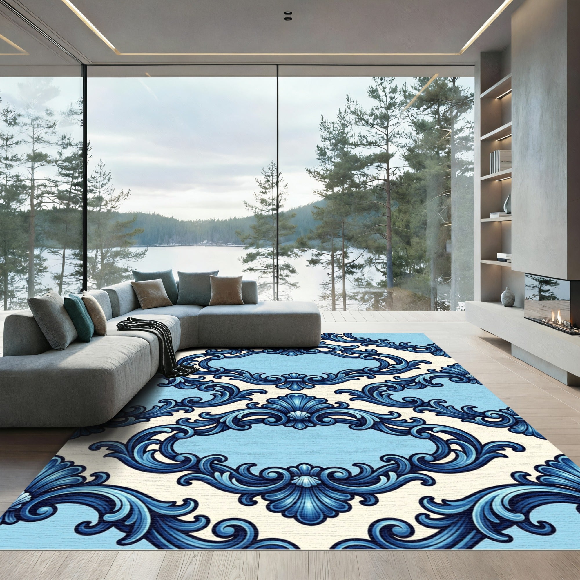 Ornate Blue Scallop Scroll Frame Rug