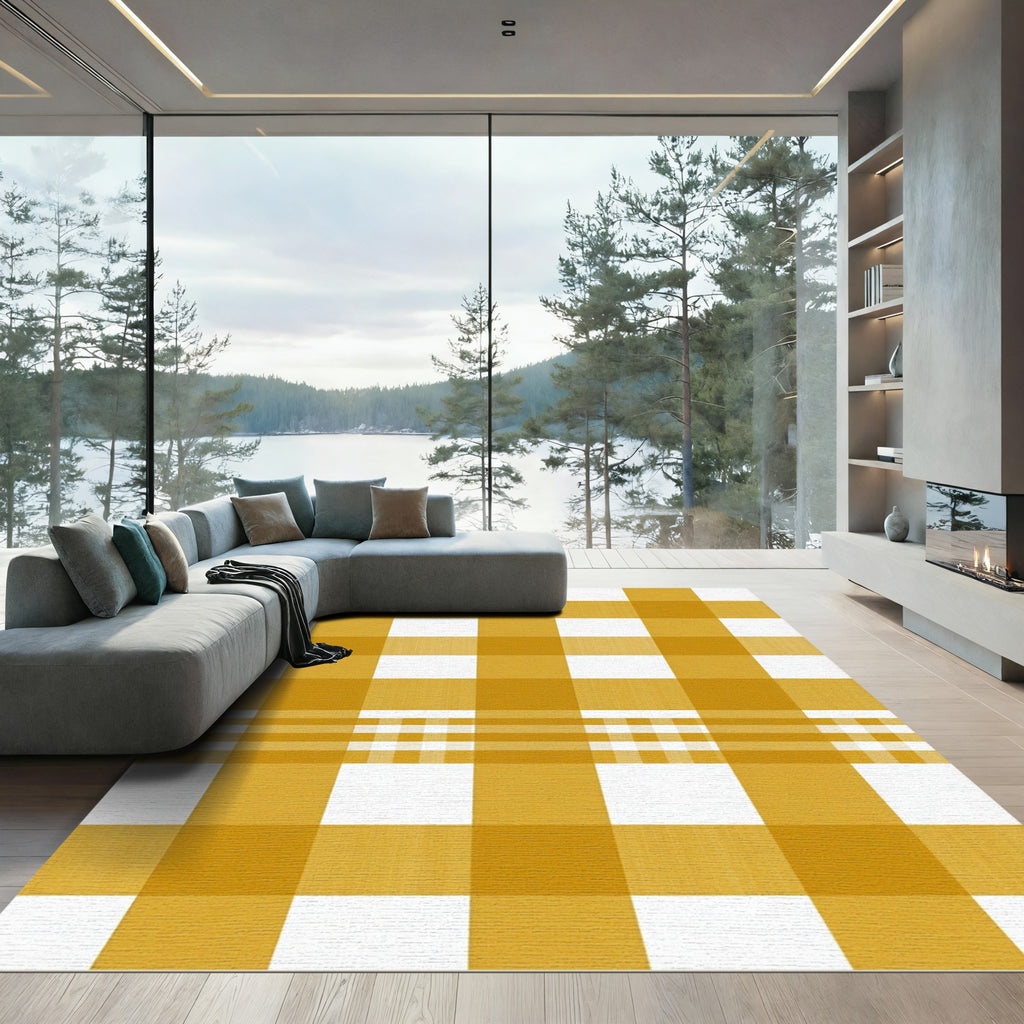 Golden Yellow Gingham Checkered Grid Rug