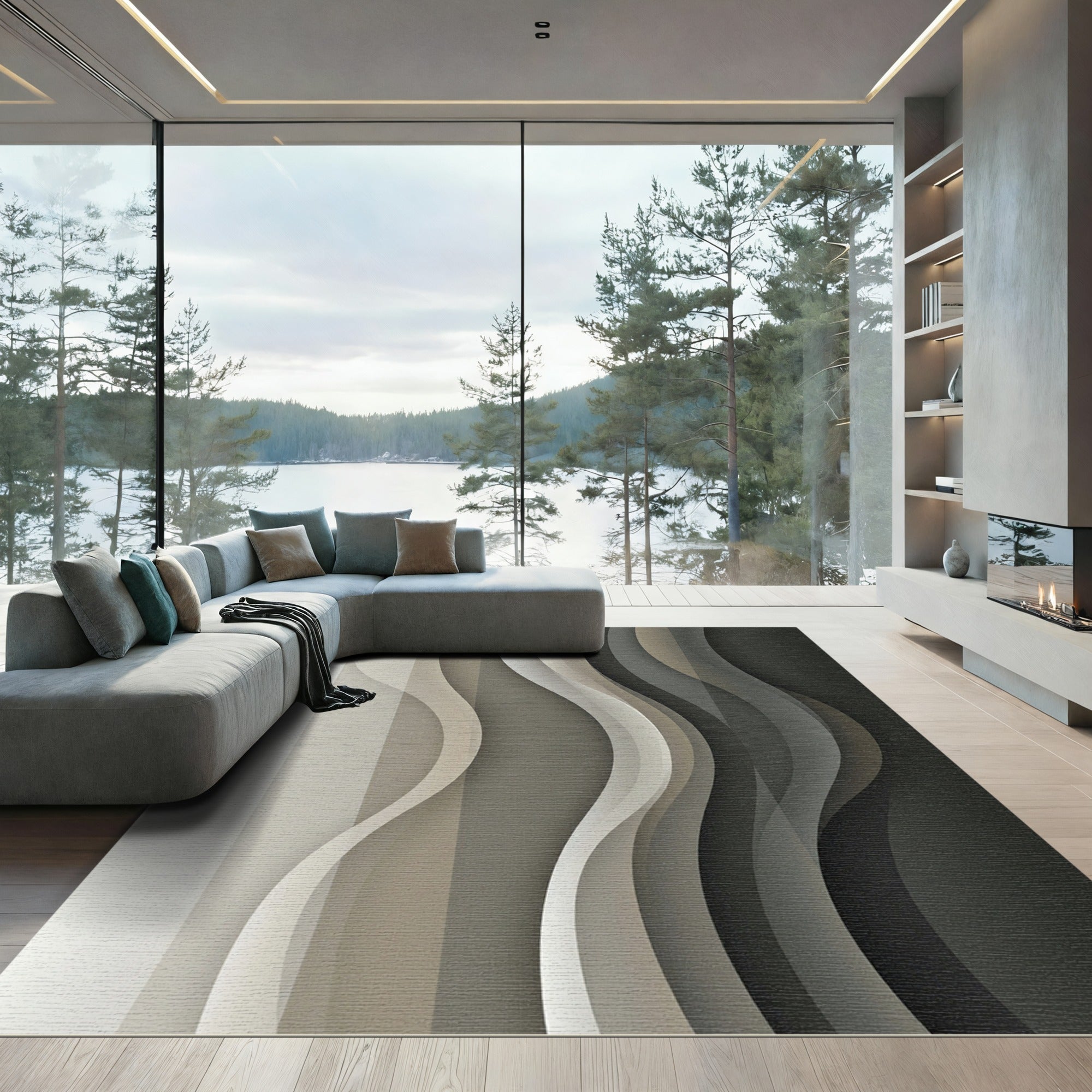 Neutral Tone Curving Stripes Rug