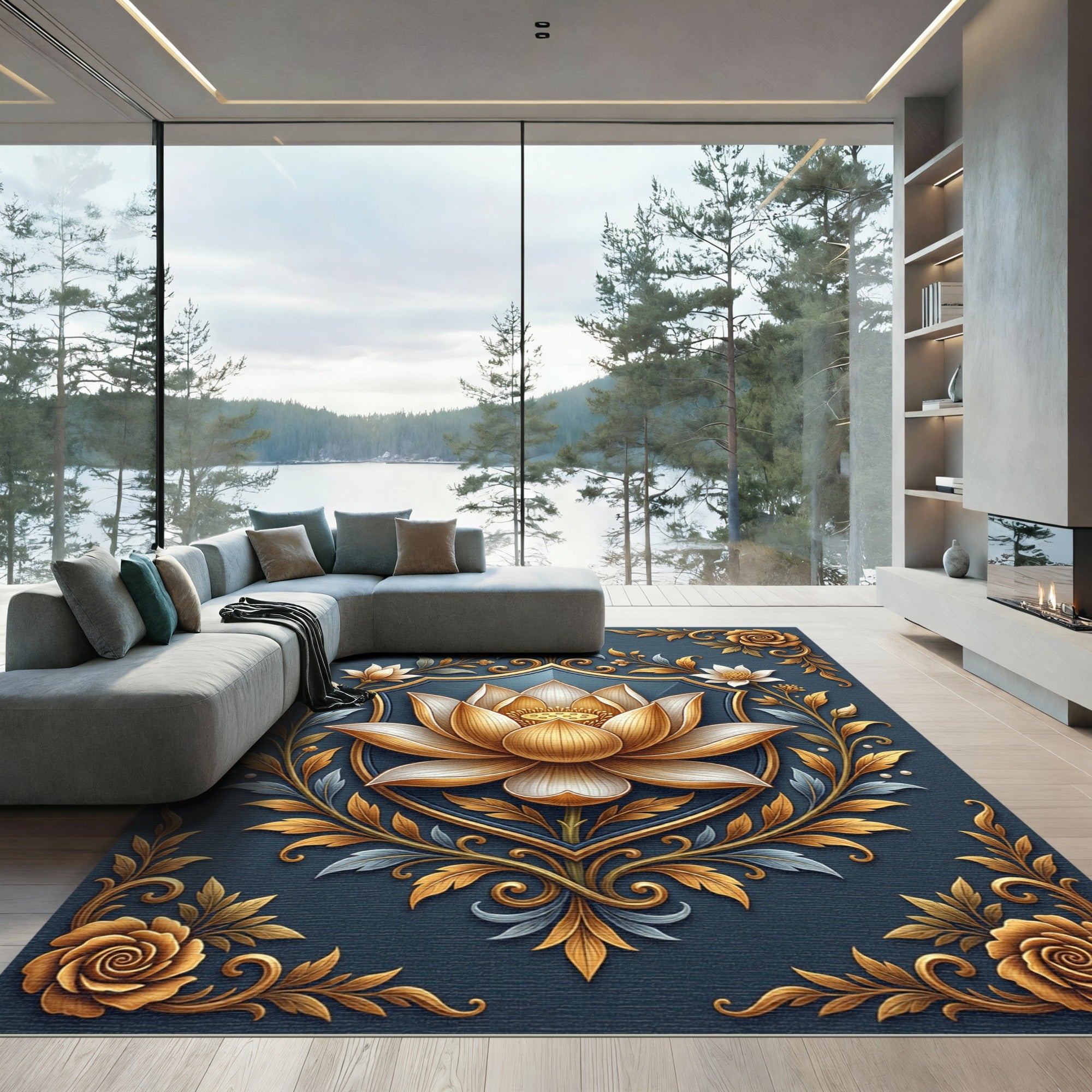 Golden Lotus Shield Navy Floral Art Rug