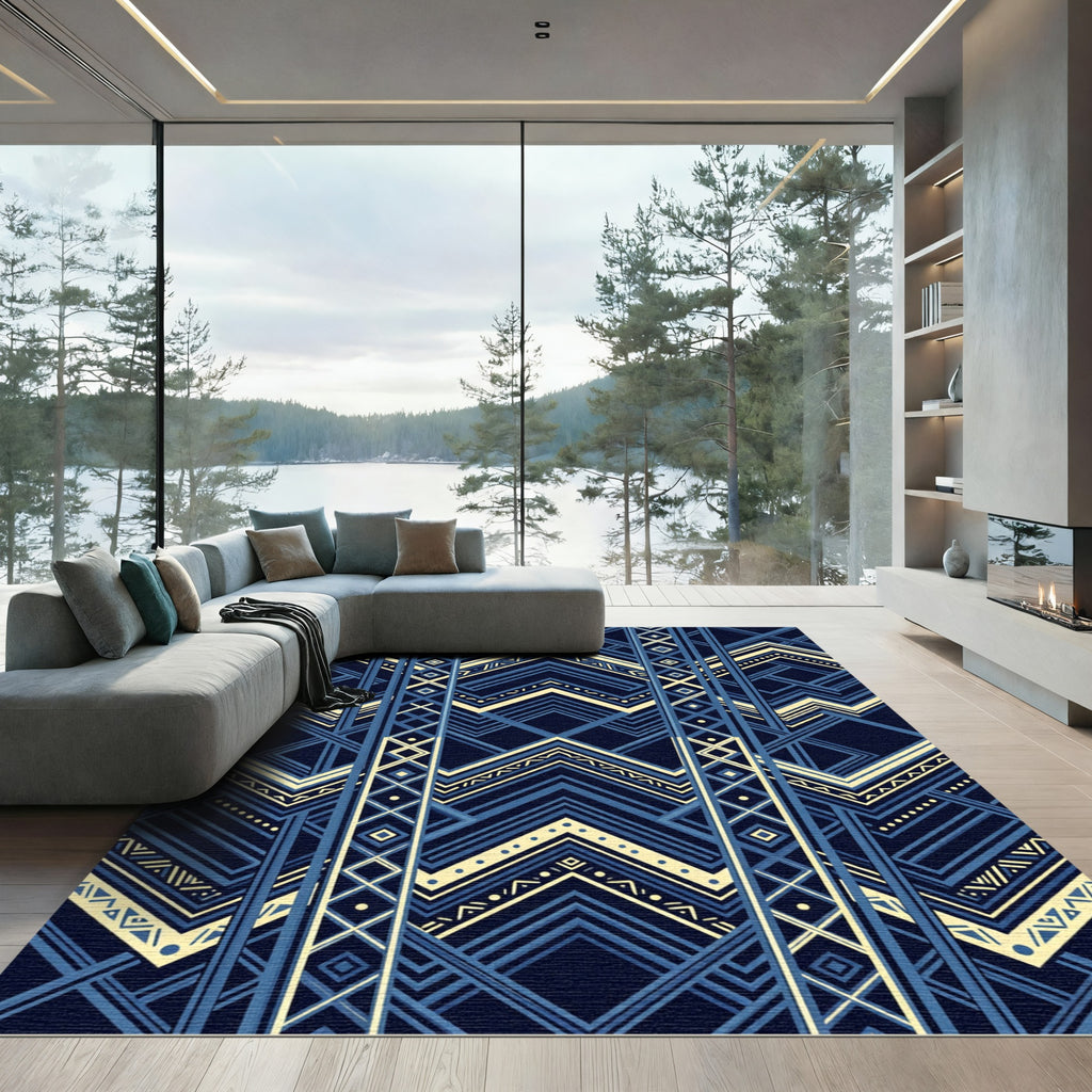 Art Deco Navy Cream Geometric Chevron Rug