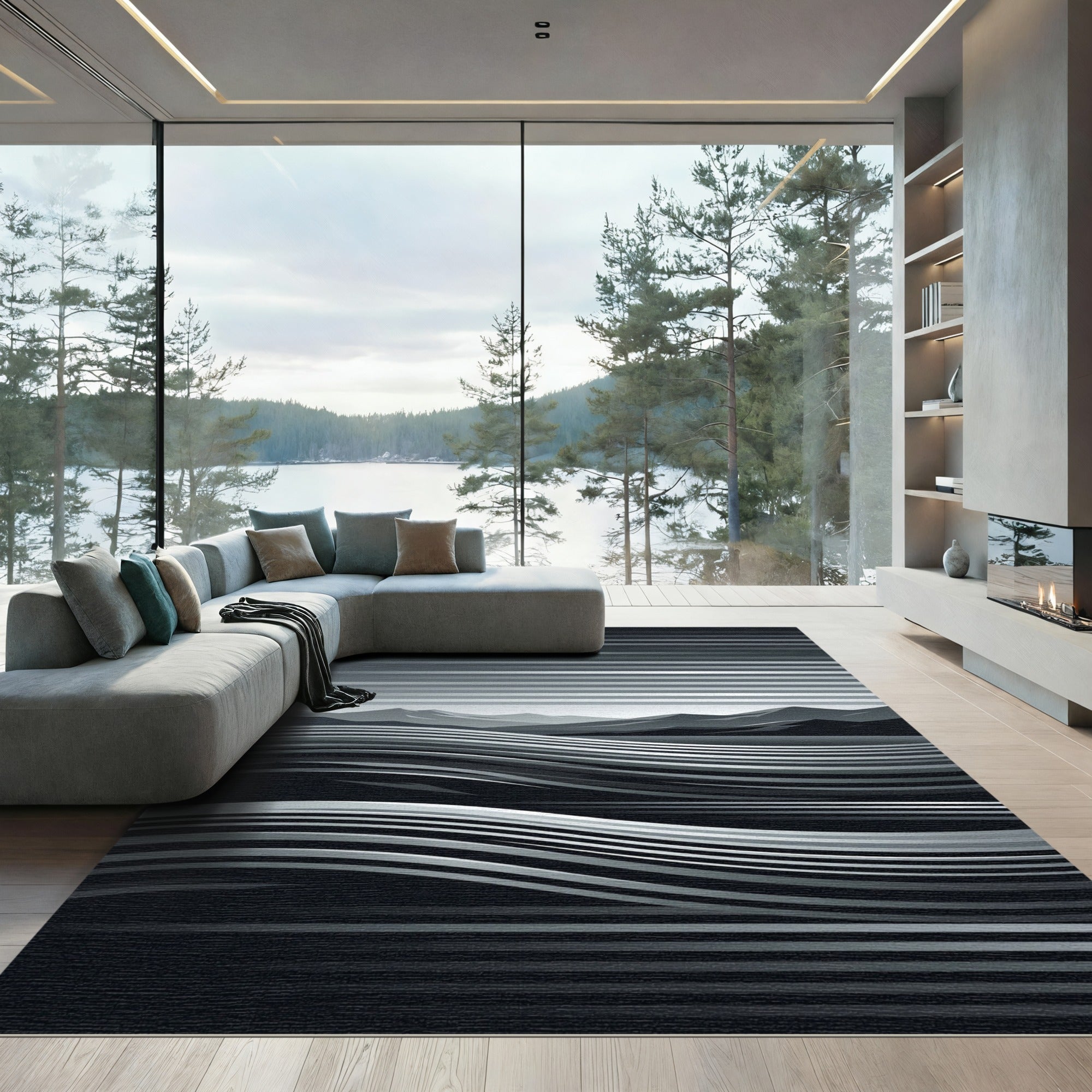 Monochrome Linear Mountain Landscape Waves Rug