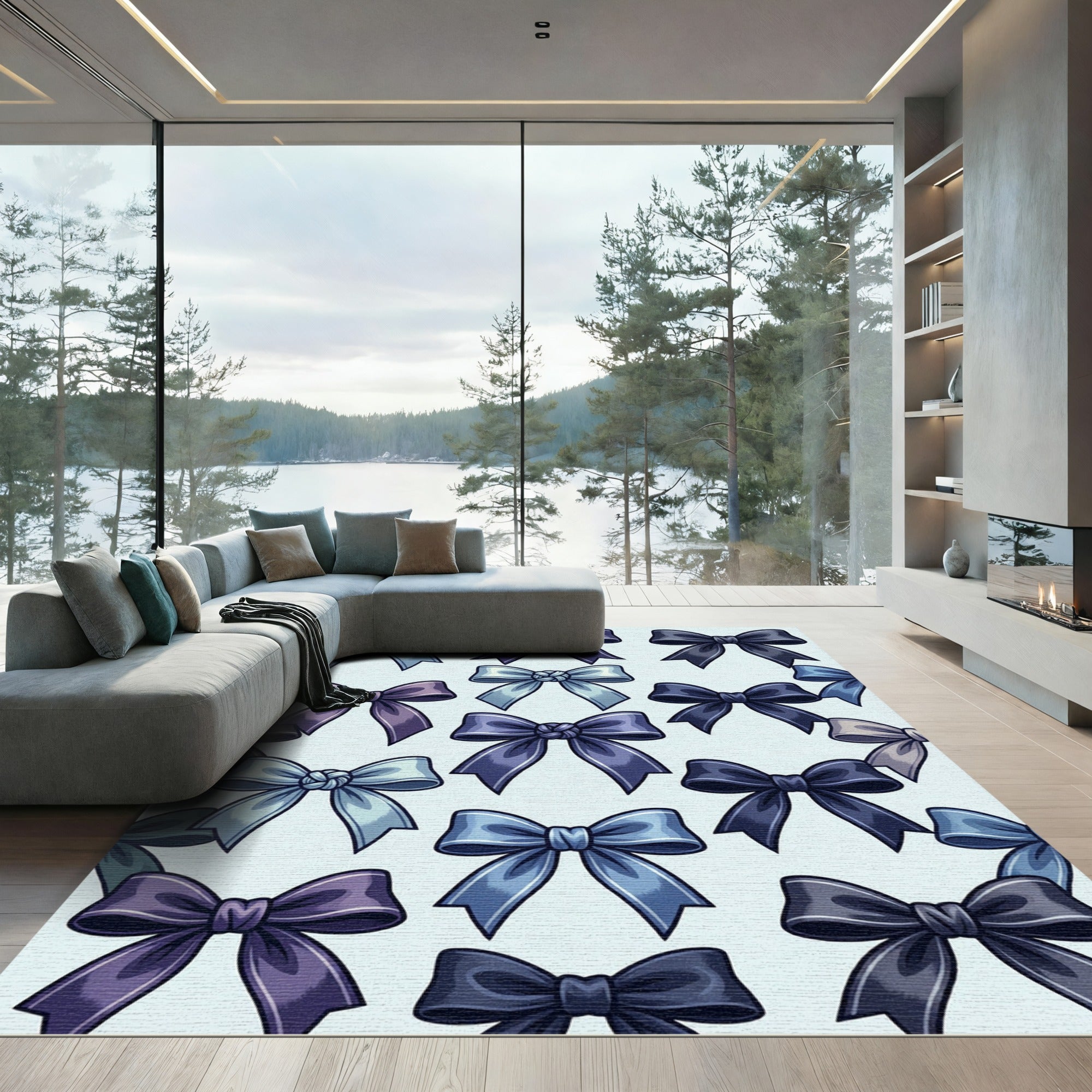 Elegant Blue Ribbon Bow Illustration Rug