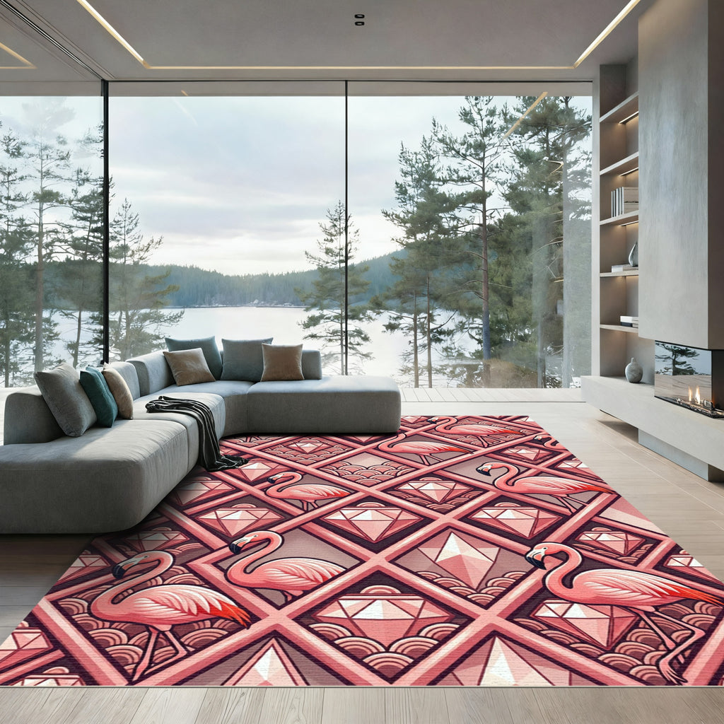 Art Deco Flamingo and Diamond Grid Rug