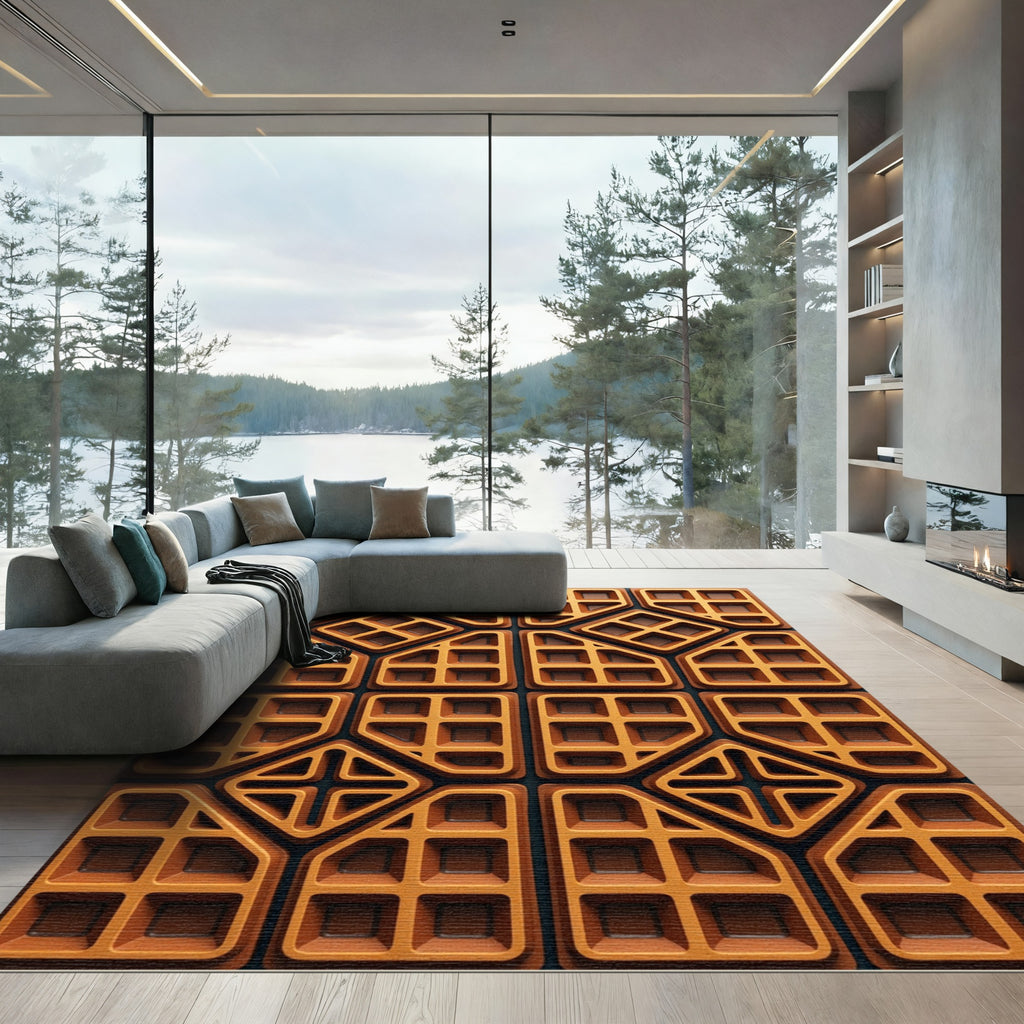 Geometric Waffle Grid Amber Ochre Rug