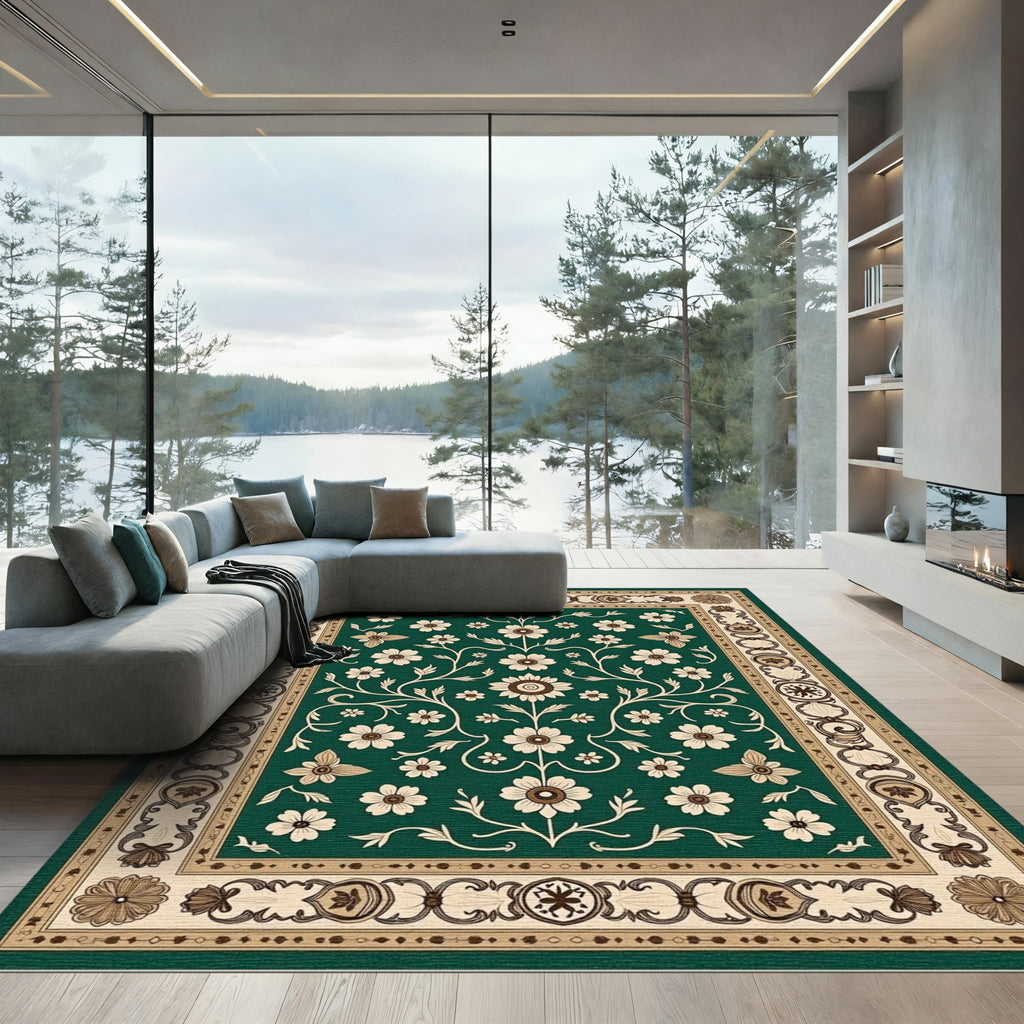 Emerald Green Floral Vine Border Rug